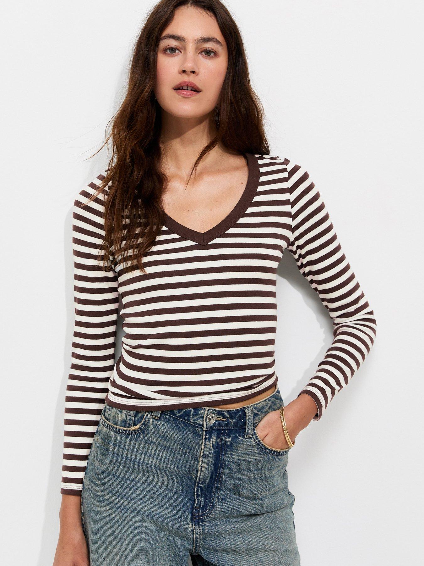New Look Brown Cotton Rich Striped Long Sleeve V-neck Top