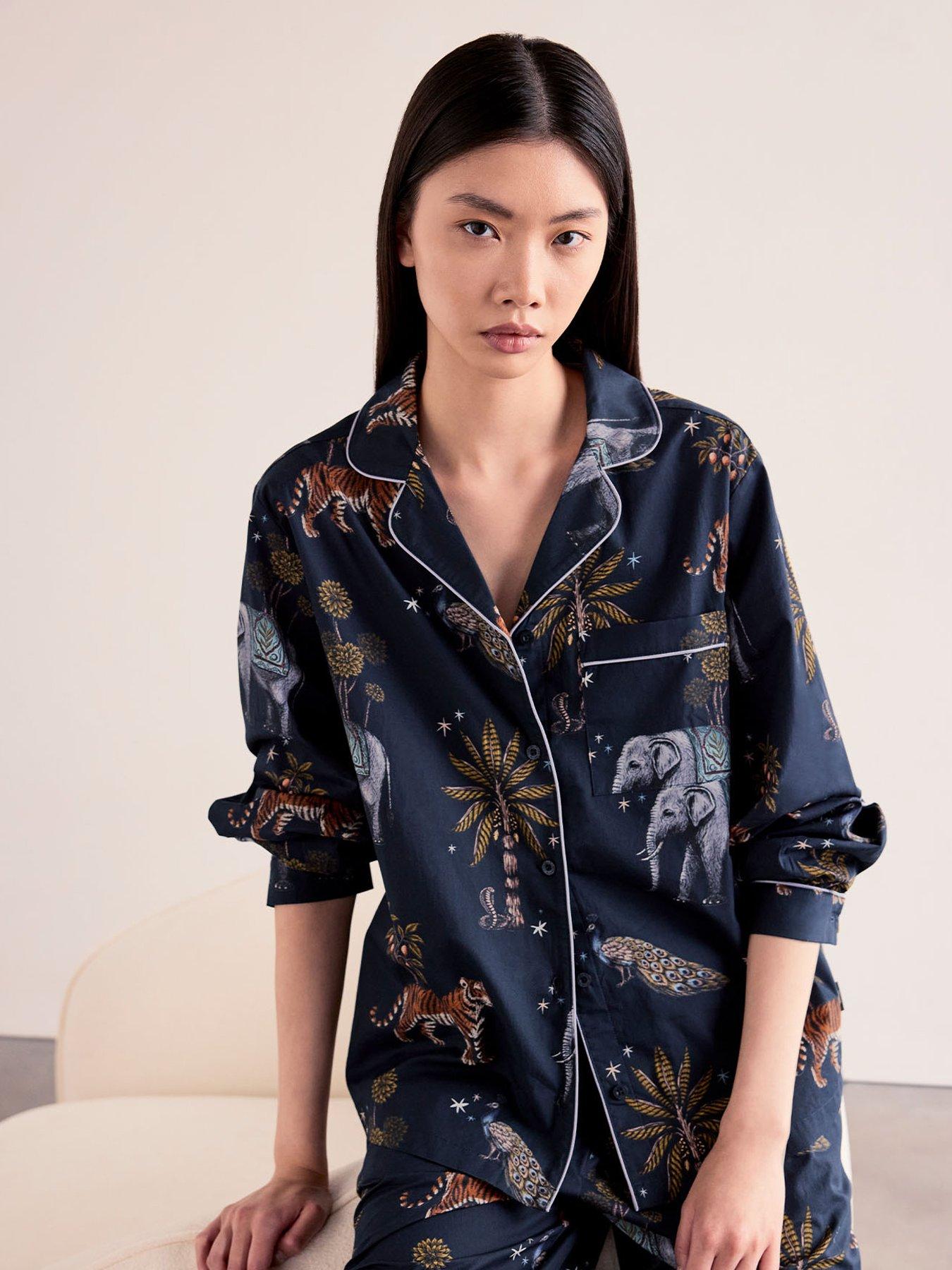 Image 4 of 6 of CHELSEA PEERS Chelsea Peers Tall&nbsp;Cotton Twilight Safari Print Long Pyjama Set - Navy