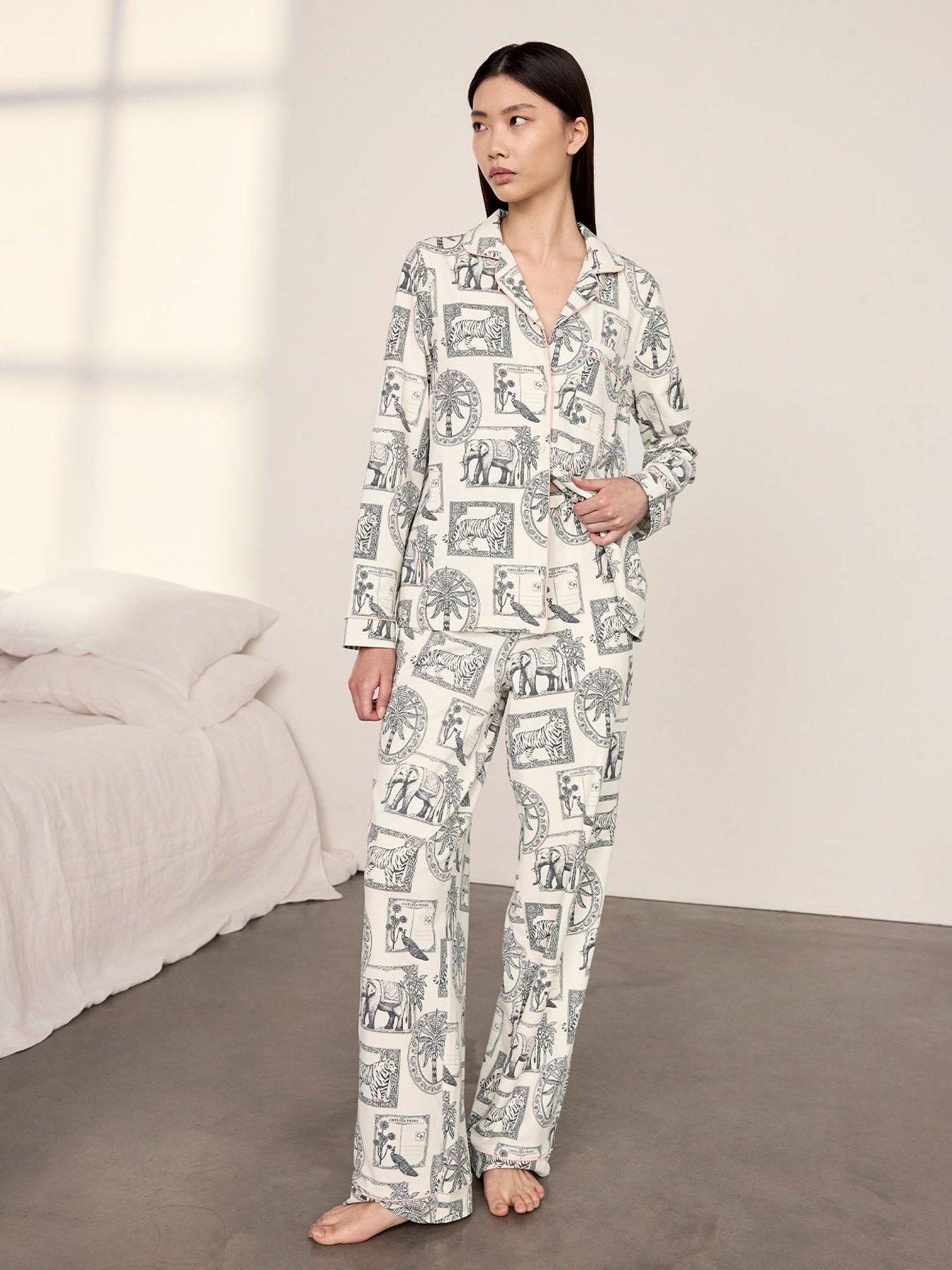 CHELSEA PEERS Chelsea Peers Organic Cotton Safari Stamp Print Long Pyjama Set - White