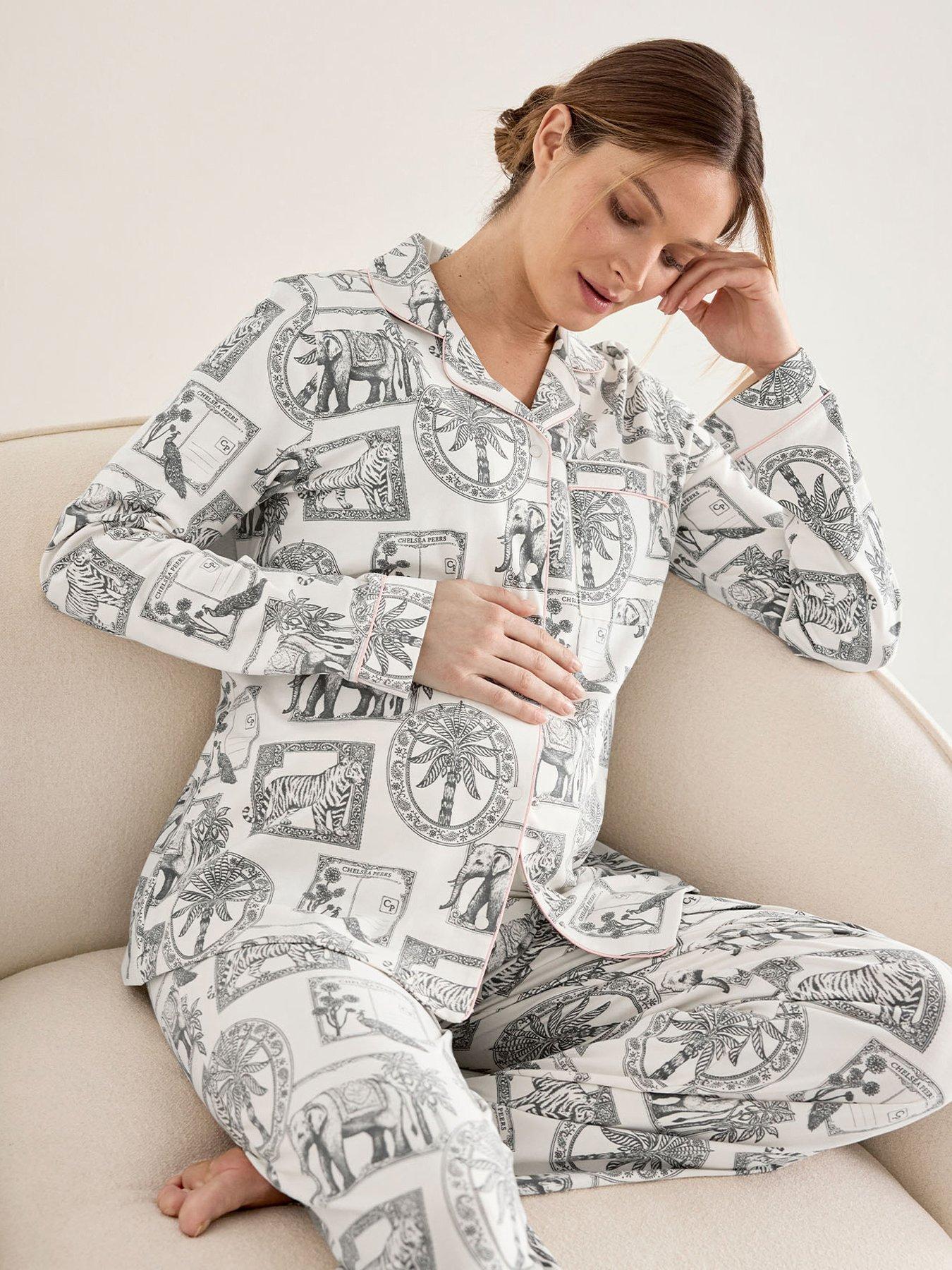CHELSEA PEERS Chelsea Peers Maternity Organic Cotton Safari Stamp Print Long Pyjama Set - White