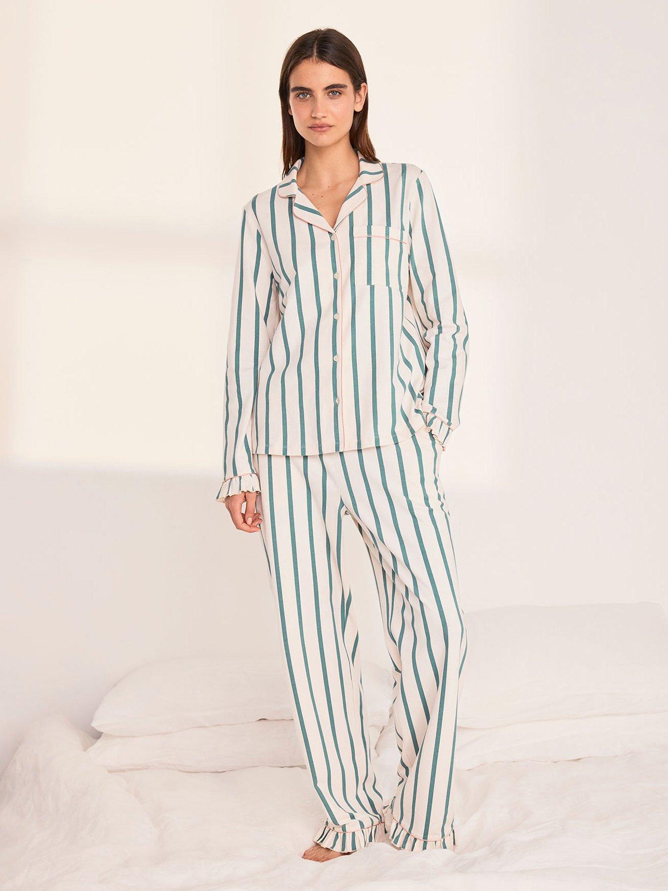 CHELSEA PEERS Chelsea Peers Cotton Stripe Frill Long Pyjama Set - Green