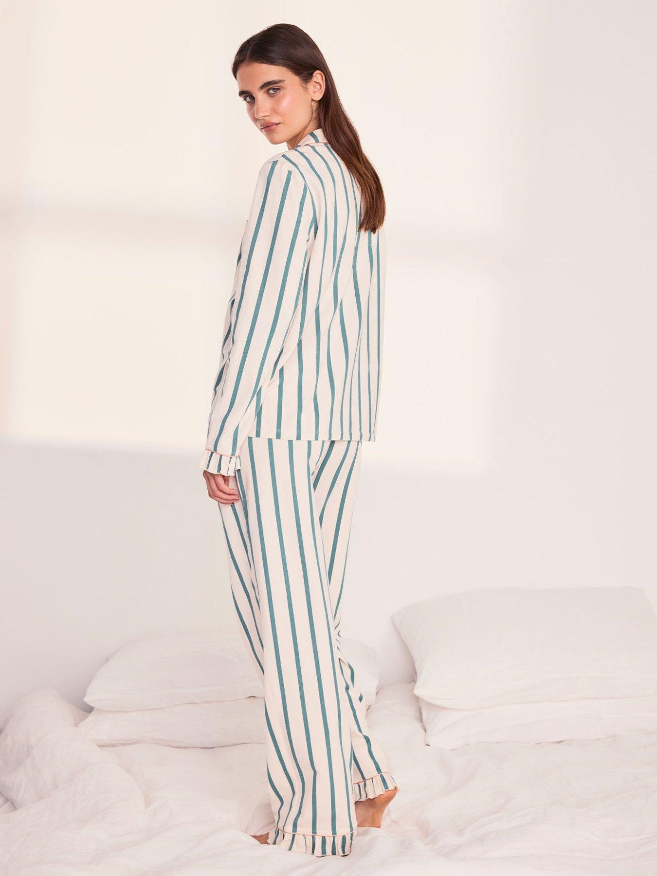 Image 2 of 6 of CHELSEA PEERS Chelsea Peers&nbsp;Cotton Stripe Frill Long Pyjama Set - Green