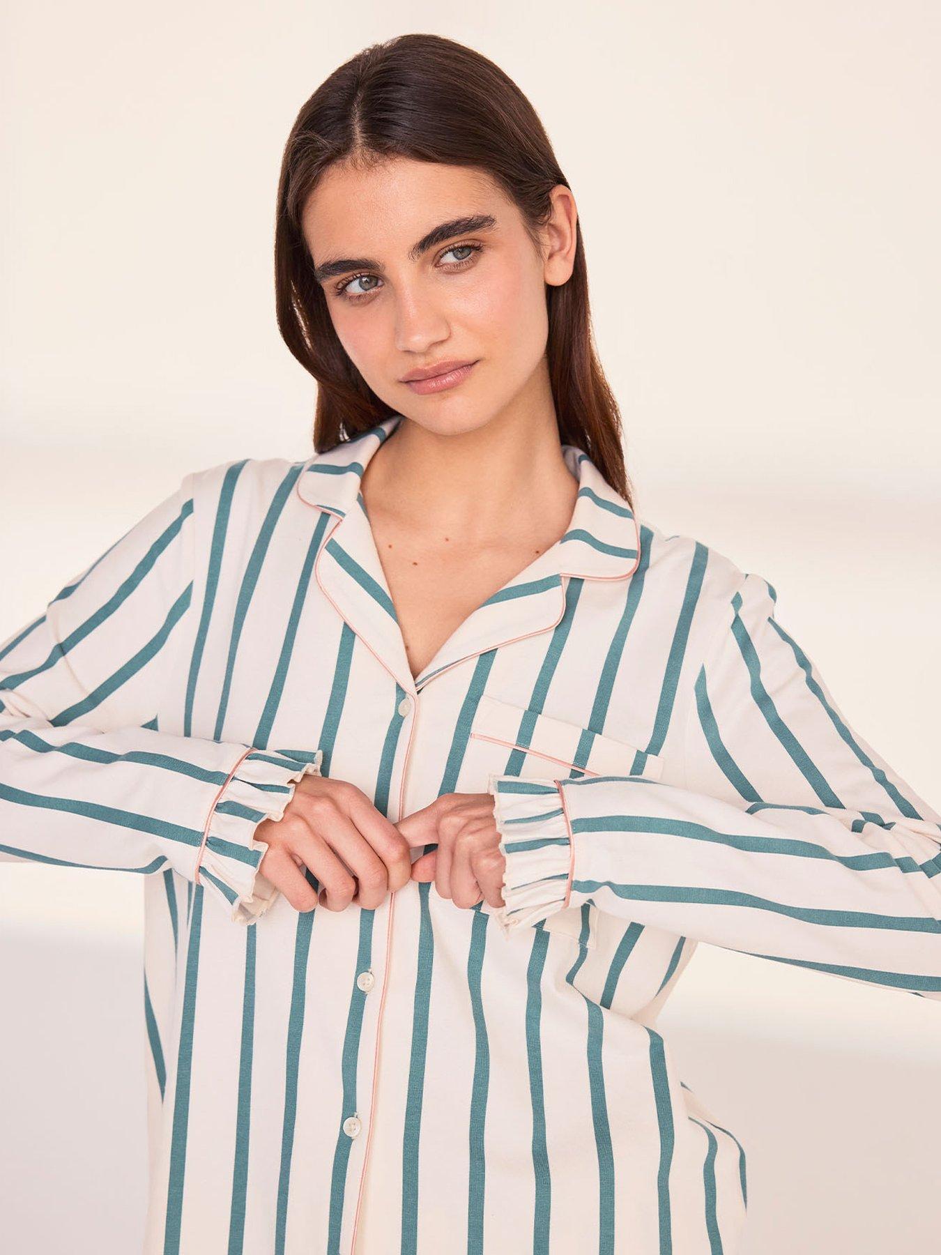 Image 3 of 6 of CHELSEA PEERS Chelsea Peers&nbsp;Cotton Stripe Frill Long Pyjama Set - Green