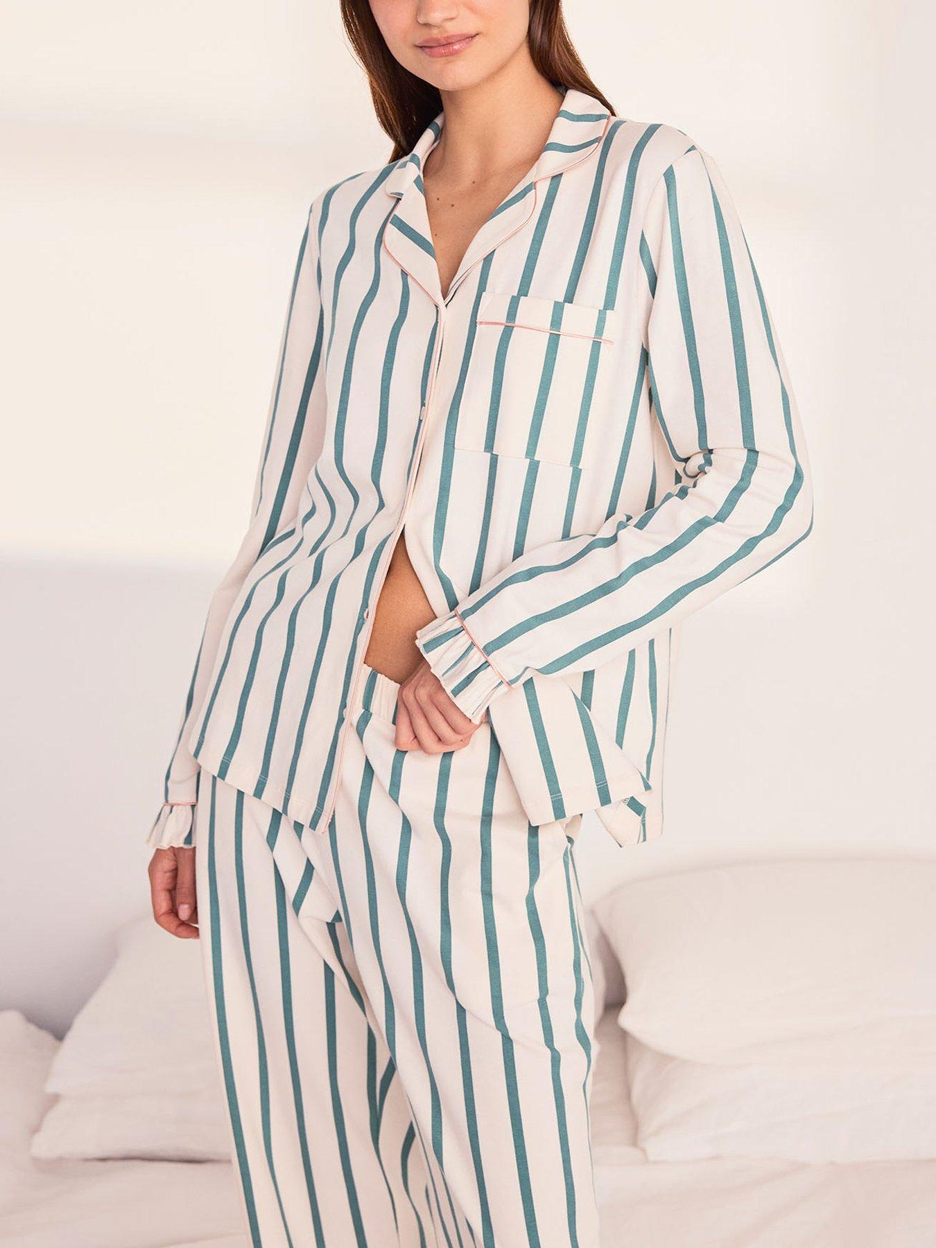 Image 5 of 6 of CHELSEA PEERS Chelsea Peers&nbsp;Cotton Stripe Frill Long Pyjama Set - Green