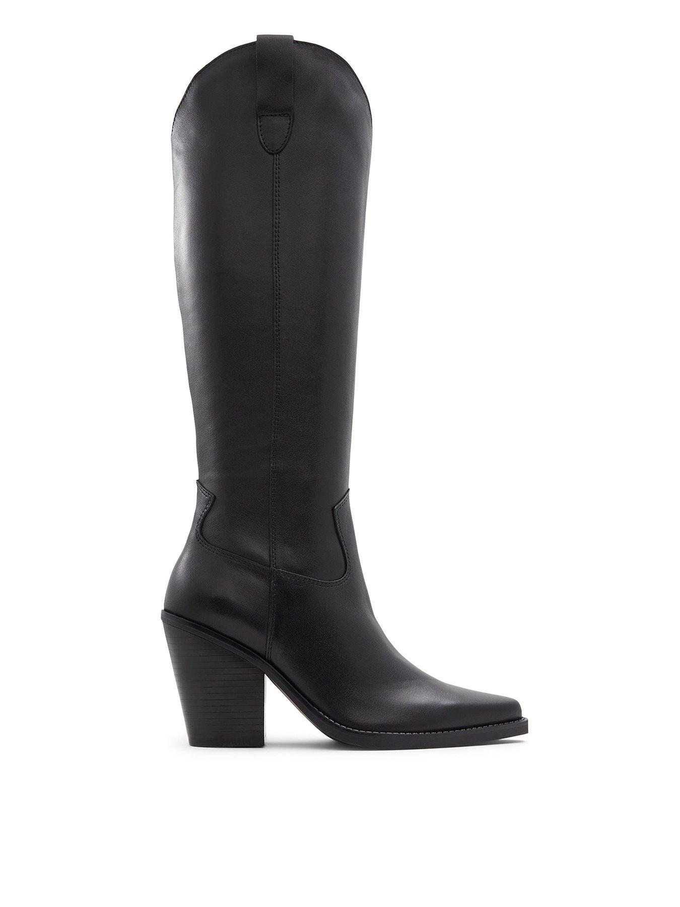 Aldo Nevada Leather Knee-High Pointed Toe Block Heel Boots - Black
