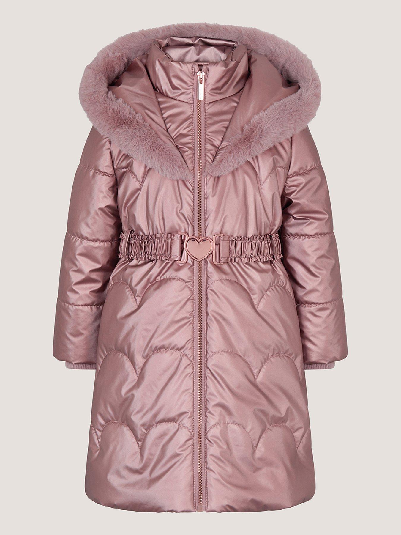 Monsoon Girls Long Line Metallic Bronze Quilted Coat - Pink