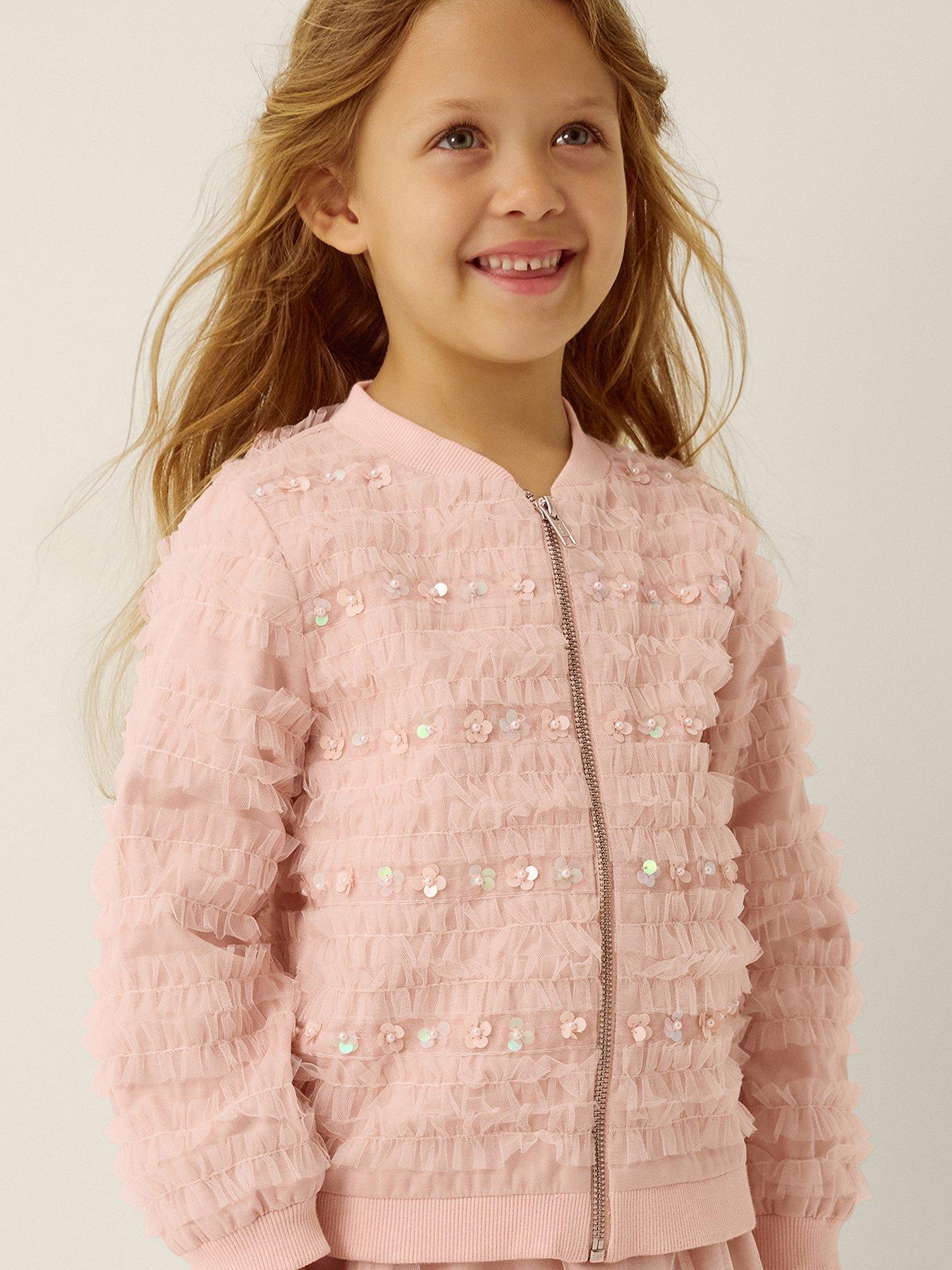 Monsoon Girls Carolyn Embellished Ruffle Bomber Jacket - Pink