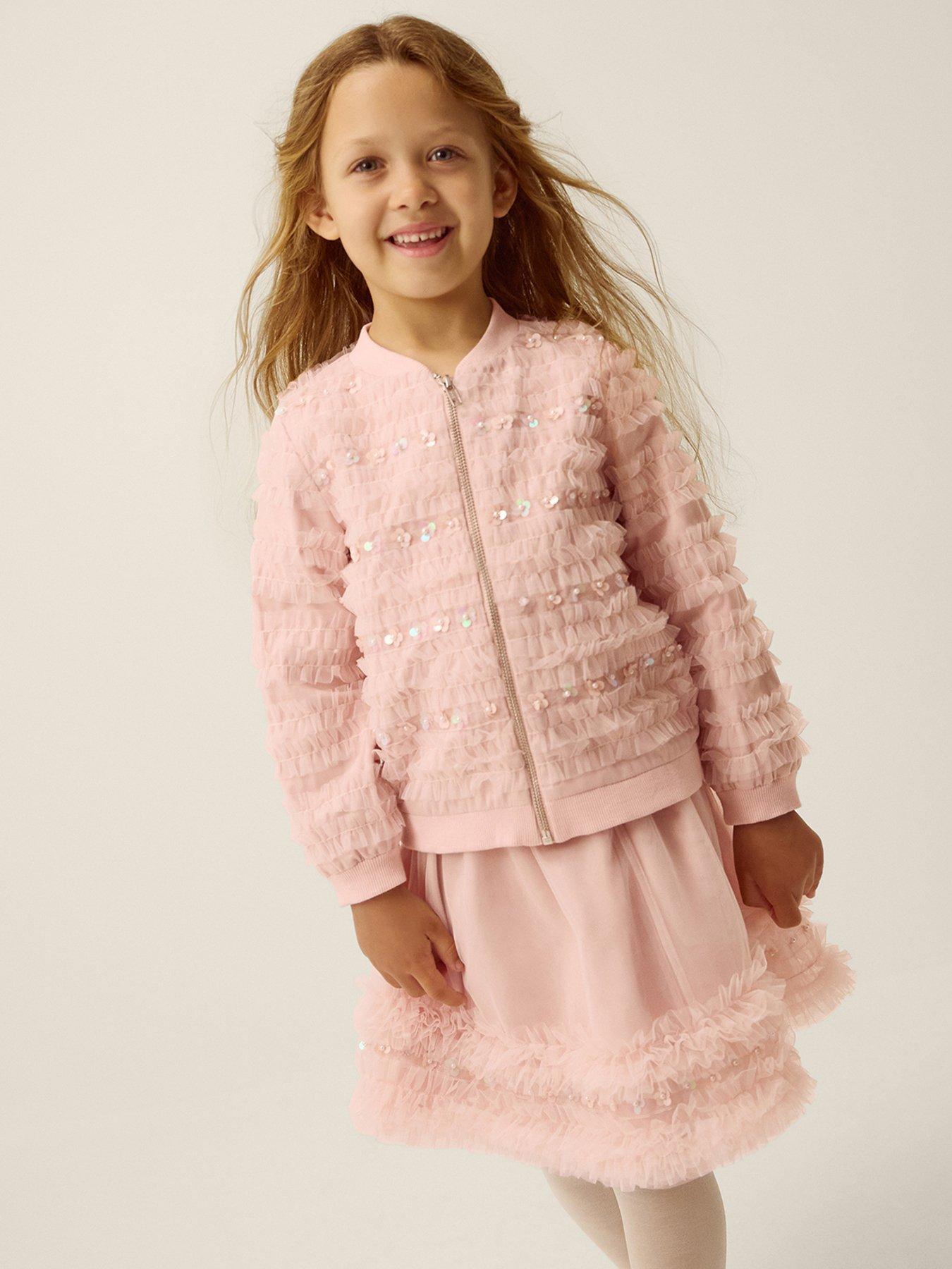 Image 1 of 4 of Monsoon Girls Carolyn Ruffle Embroidered Co-ord Skirt - Pink