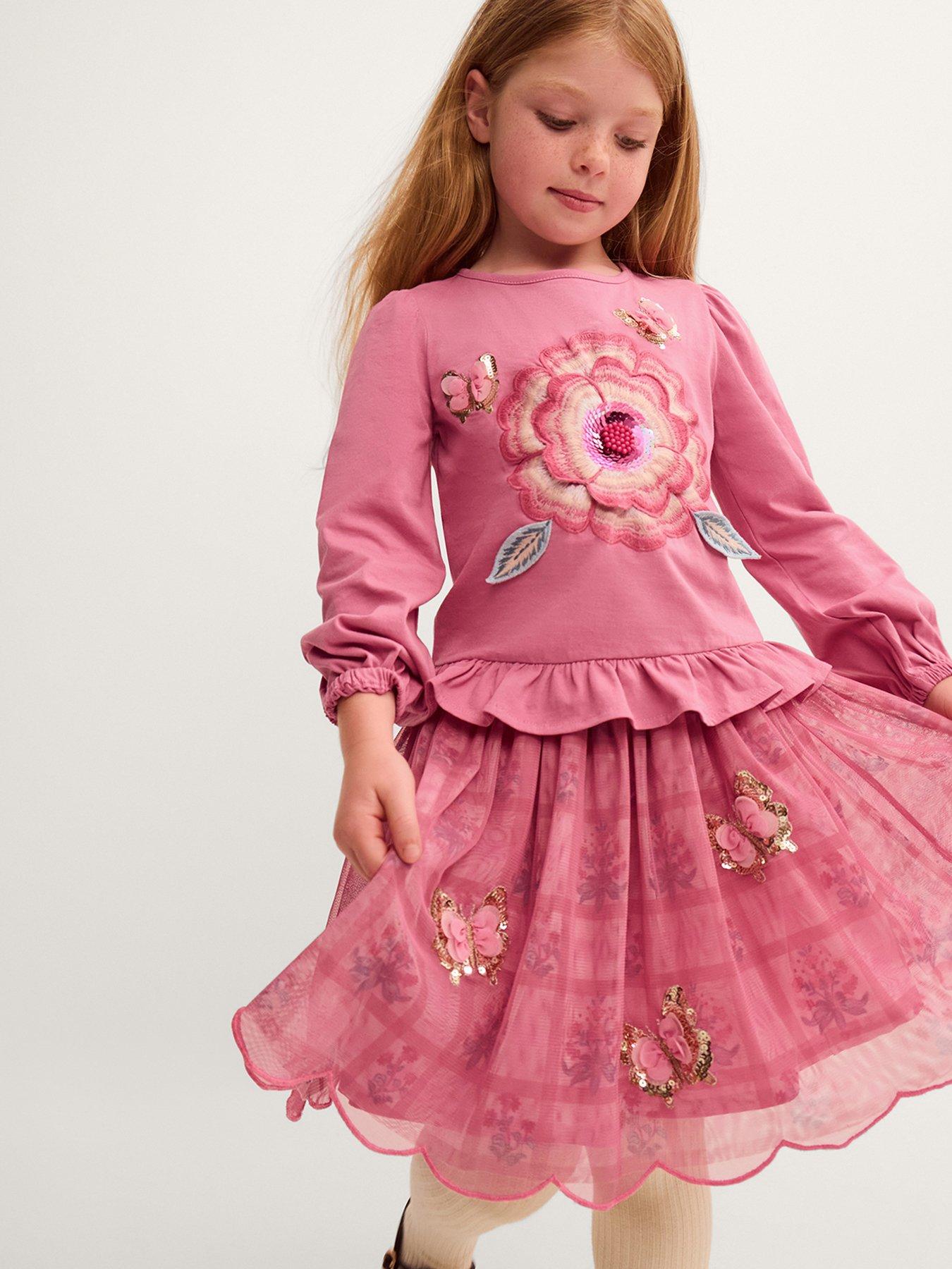 Monsoon Girls Long Sleeve Flower Tshirt  &  Disco Skirt Set - Pink