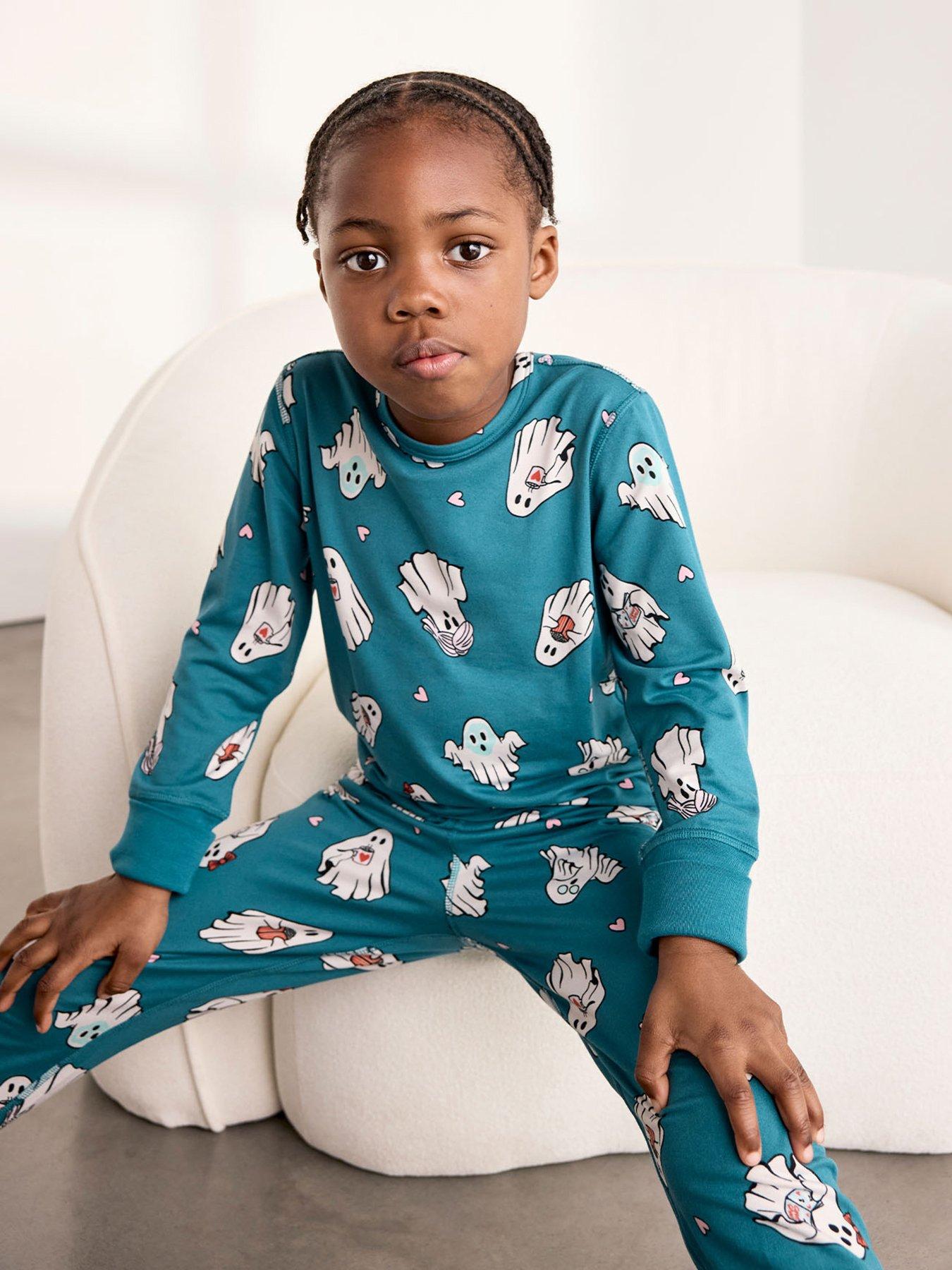 CHELSEA PEERS Unisex Kids Halloween Ghost Print Long Pyjama Set - Teal