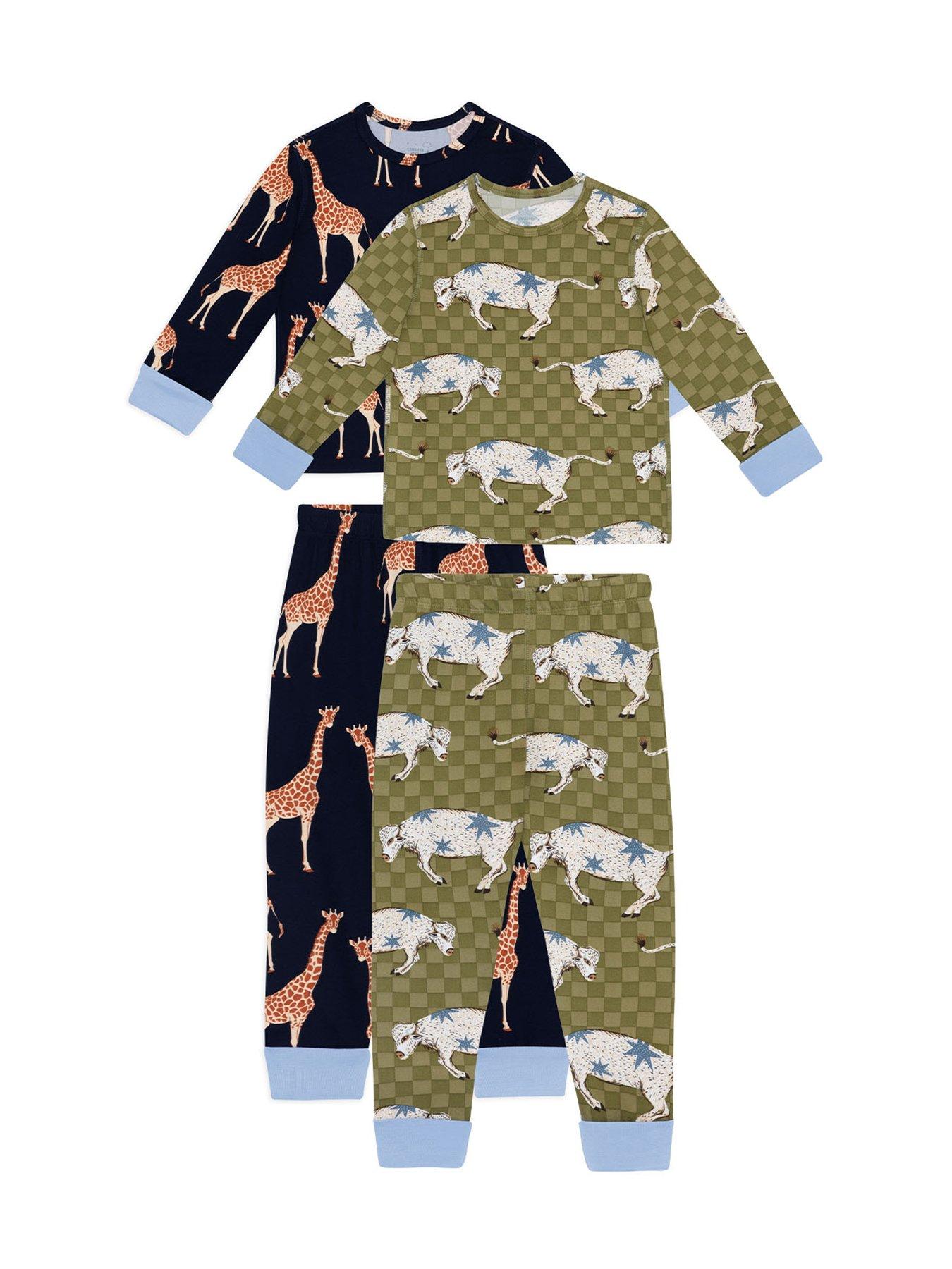 Image 4 of 6 of CHELSEA PEERS Unisex Kids 2 Pack Giraffe/Checkerboard Bison Print Long Pyjama Set - Multi