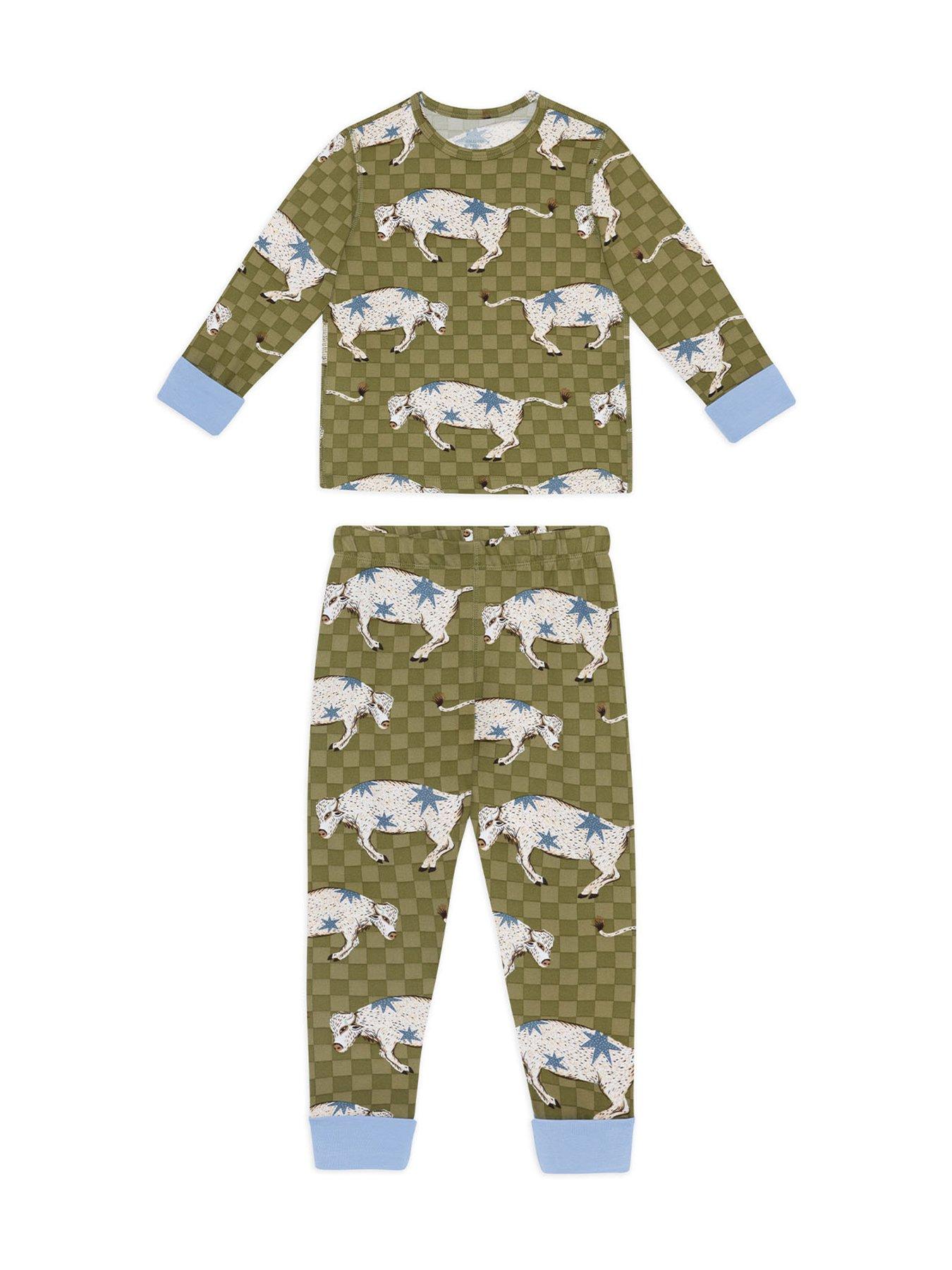 Image 5 of 6 of CHELSEA PEERS Unisex Kids 2 Pack Giraffe/Checkerboard Bison Print Long Pyjama Set - Multi