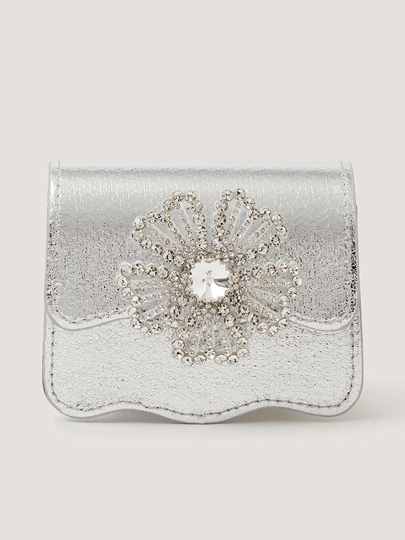 Monsoon Girls Mini Diamanté Flower Metallic Bag - Silver