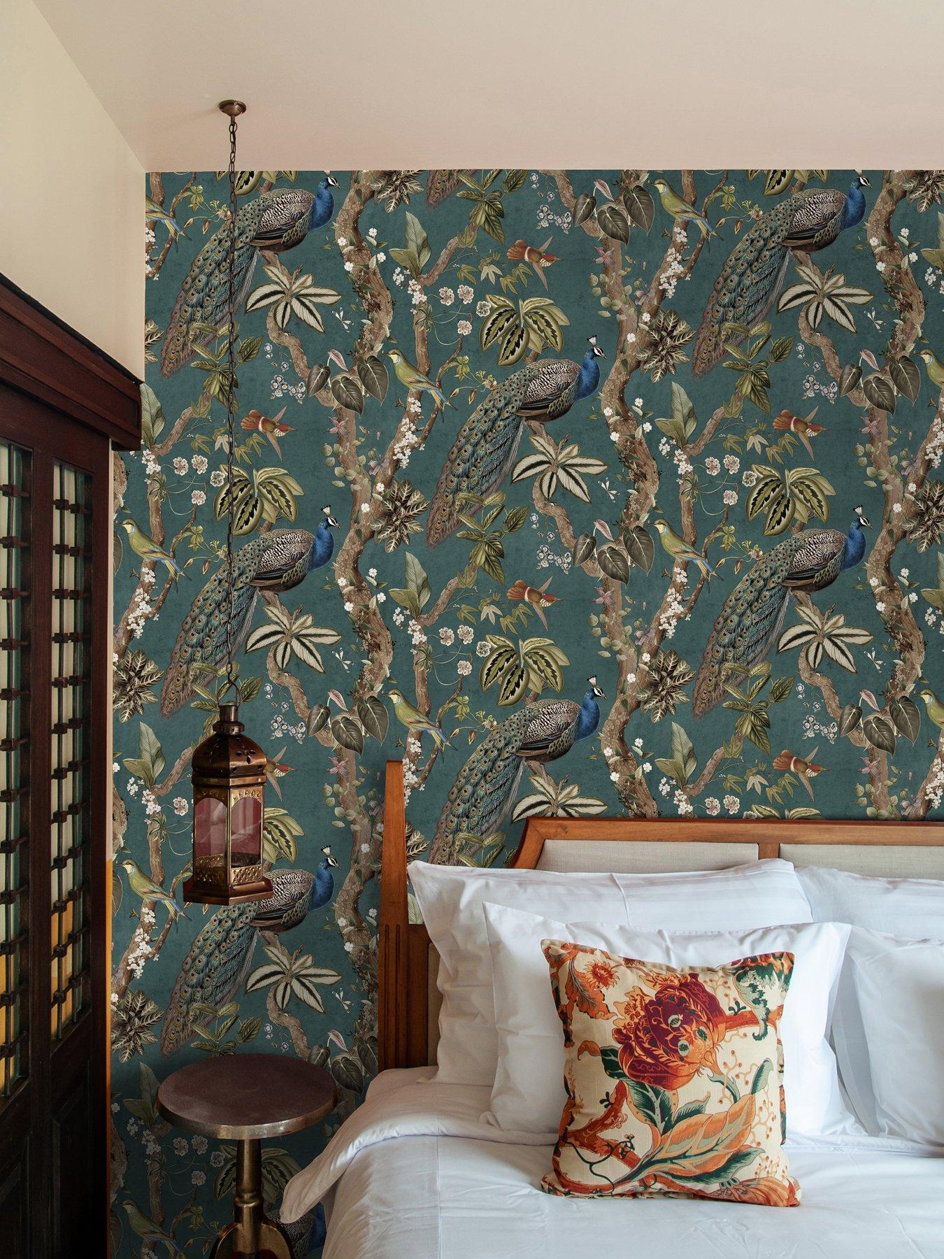 Image 5 of 6 of Holden Decor Peacock Woods Aqua Wallpaper