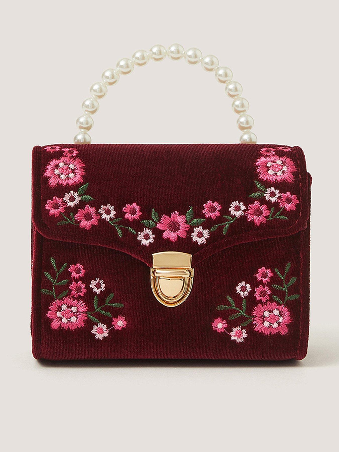 Monsoon Girls Embroidered Velvet Clasp Bag - Burgundy