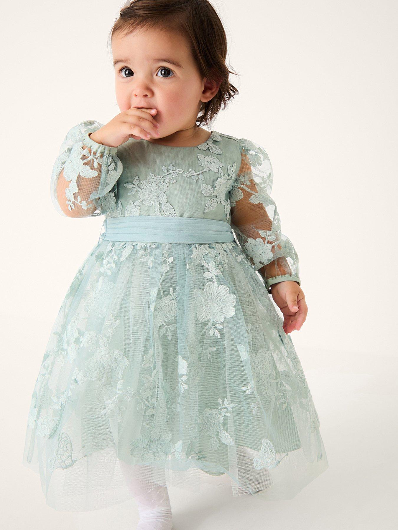 Monsoon Baby Girls Beatrice Long Sleeve Embroidered Dress - Sage