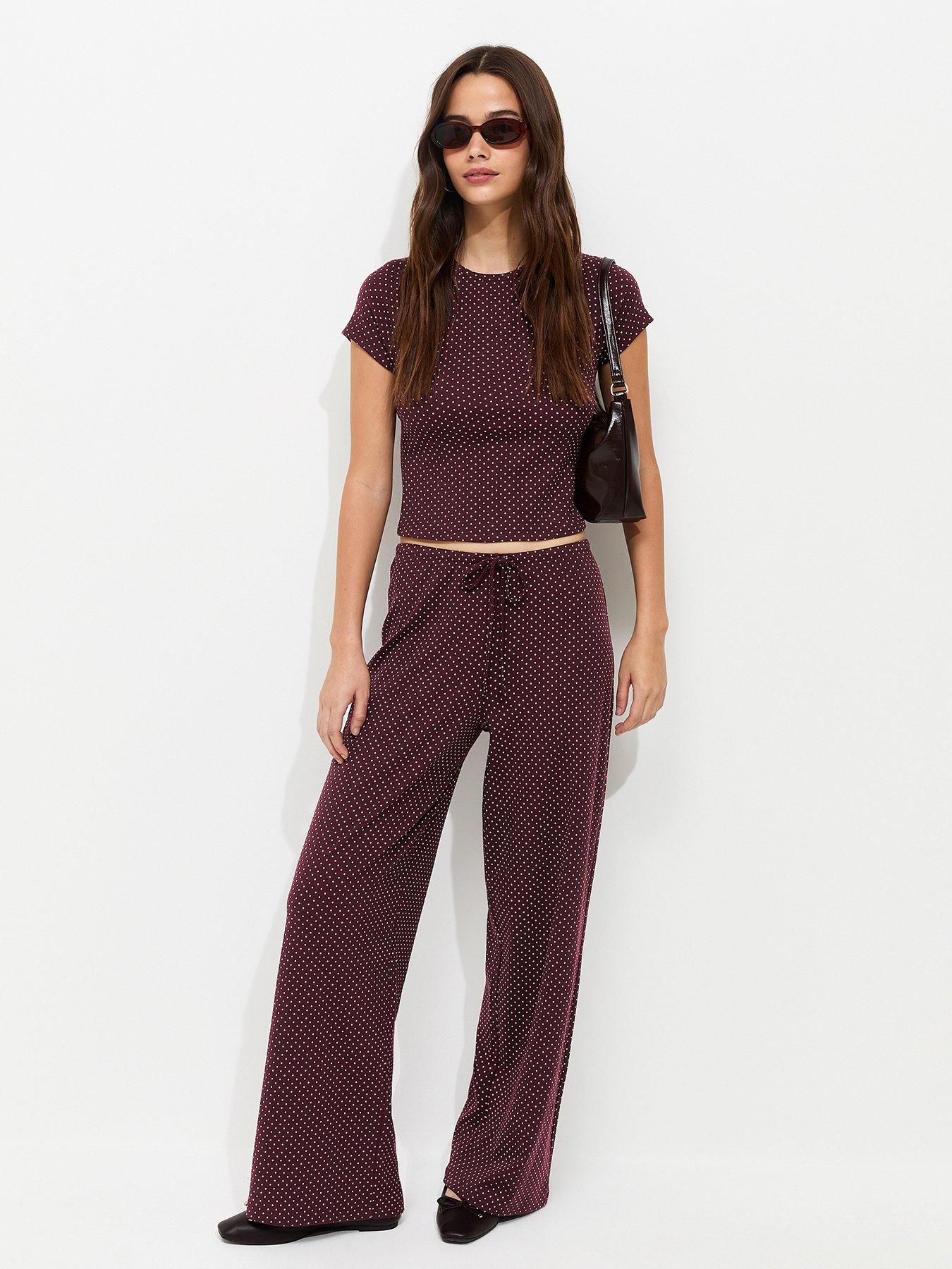 New Look Burgundy Polka Dot Drawstring Wide Leg Co-Ord Trousers - Red