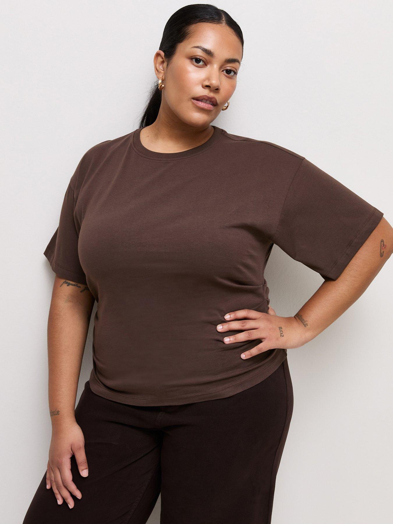 New Look Curves Ruched Side Corset Waist T-Shirt - Brown