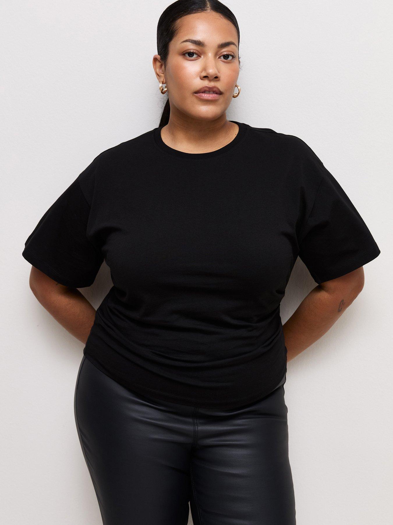 New Look Curves Ruched Side Corset Waist T-Shirt - Black