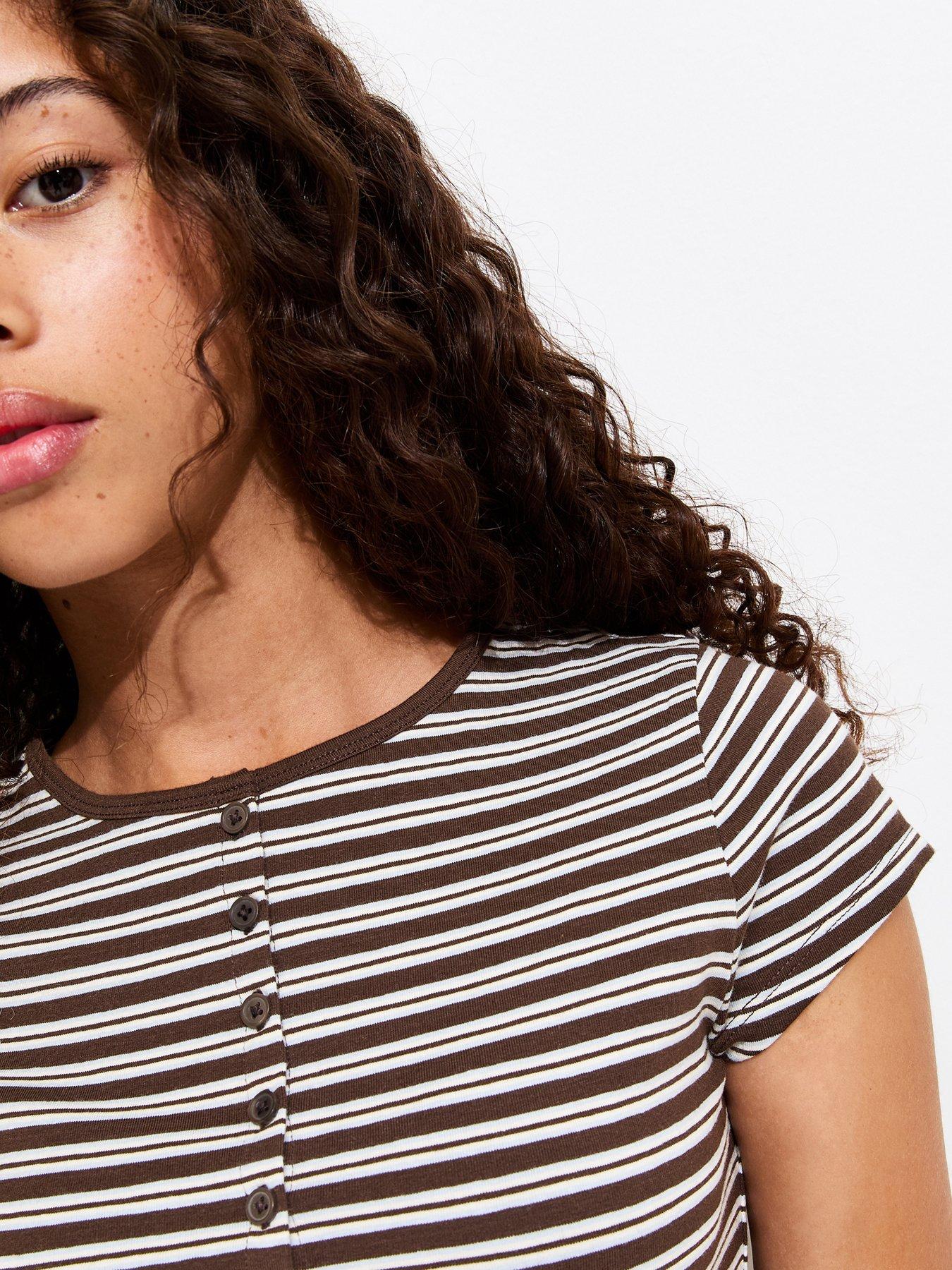 Image 4 of 5 of New Look 915 Girls Mini Stripe Button Front Cap Sleeve T-Shirt - Brown
