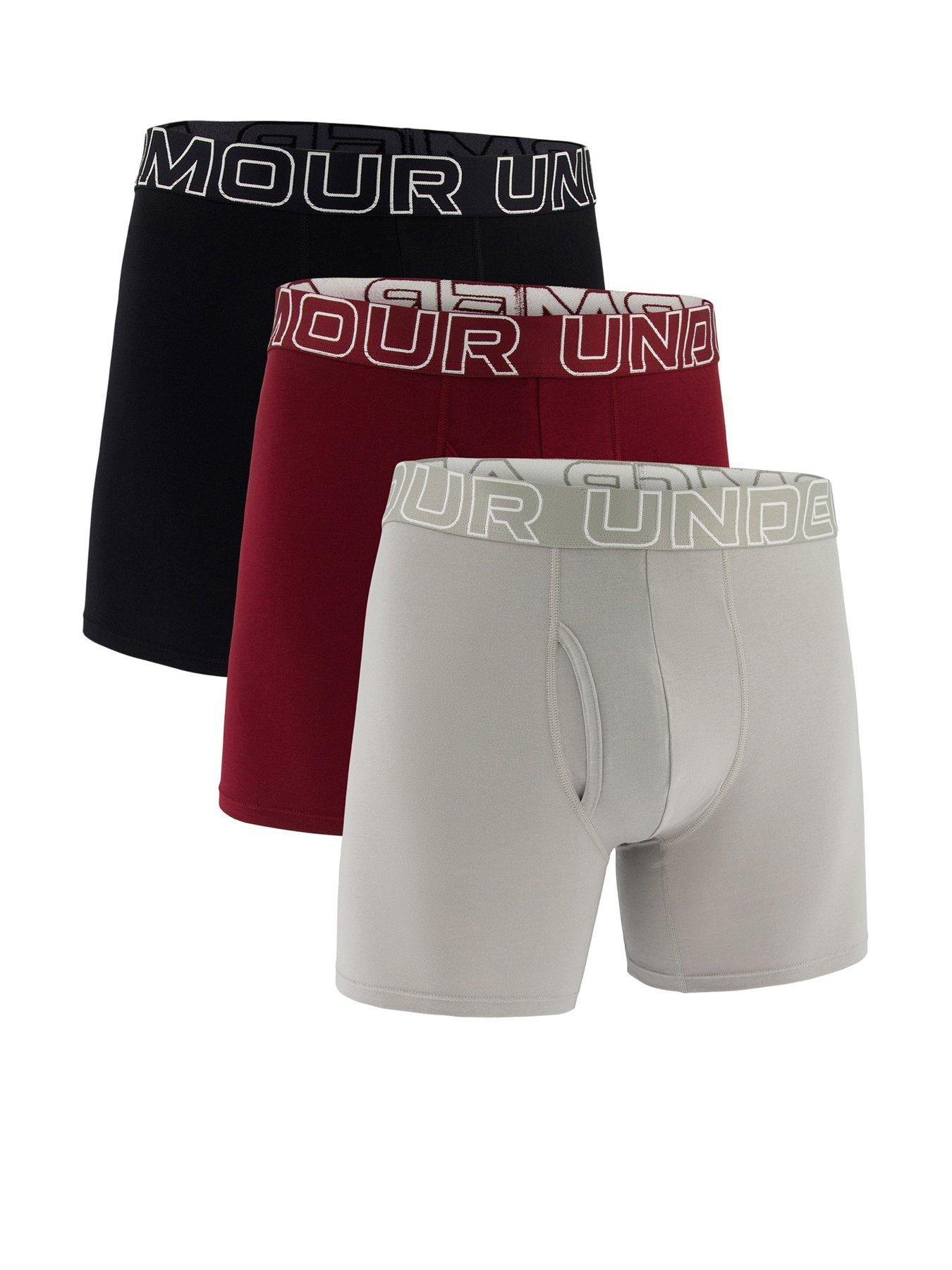 UNDER ARMOUR Mens Performance Cotton Boxers - Solid 6-Inch 3-Pack - Black/Grey/Dark-Red