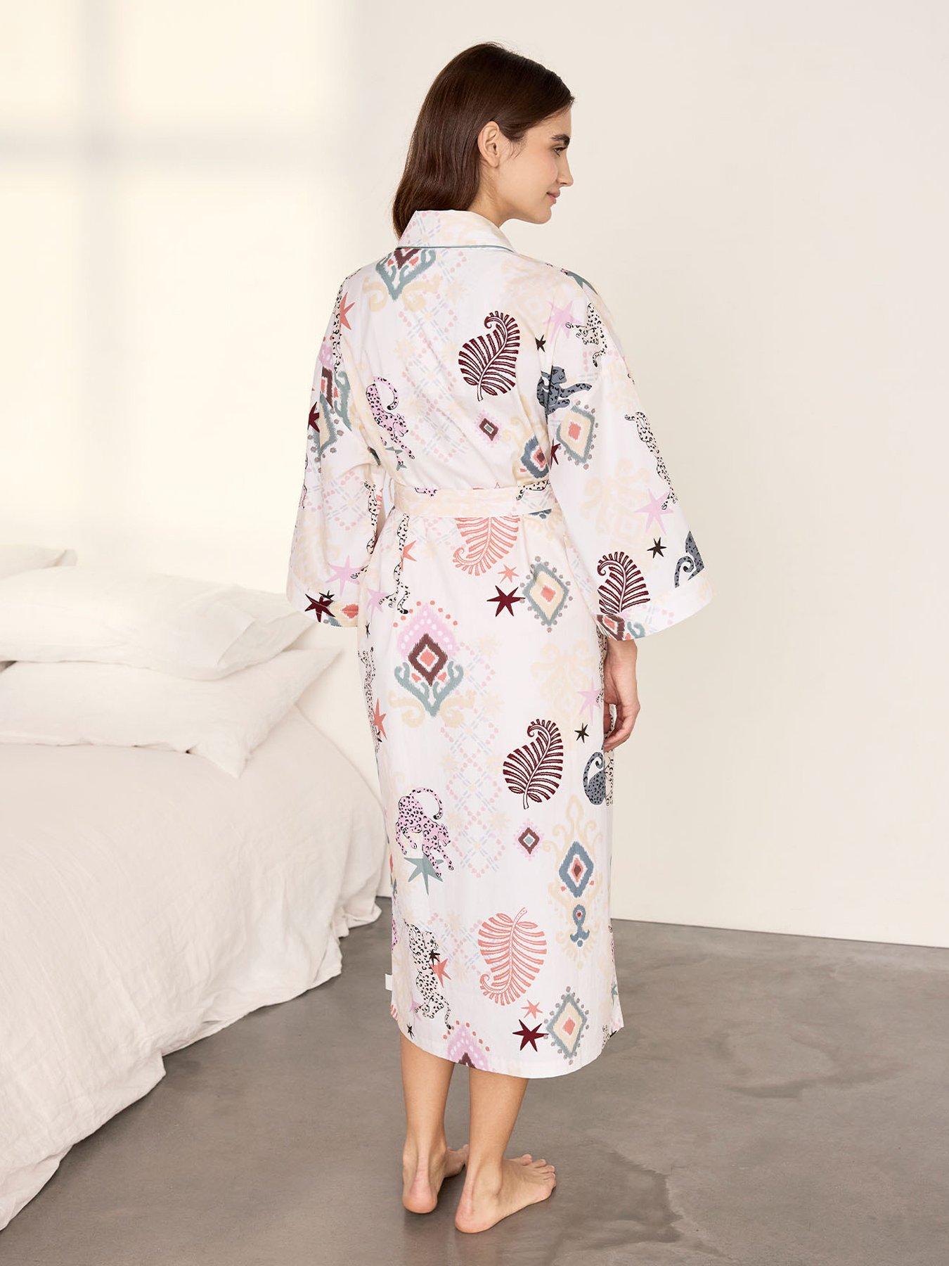 Image 2 of 6 of CHELSEA PEERS Chelsea Peers&nbsp;Cotton Bohemian Leopard Print Kimono Dressing Gown - Off White