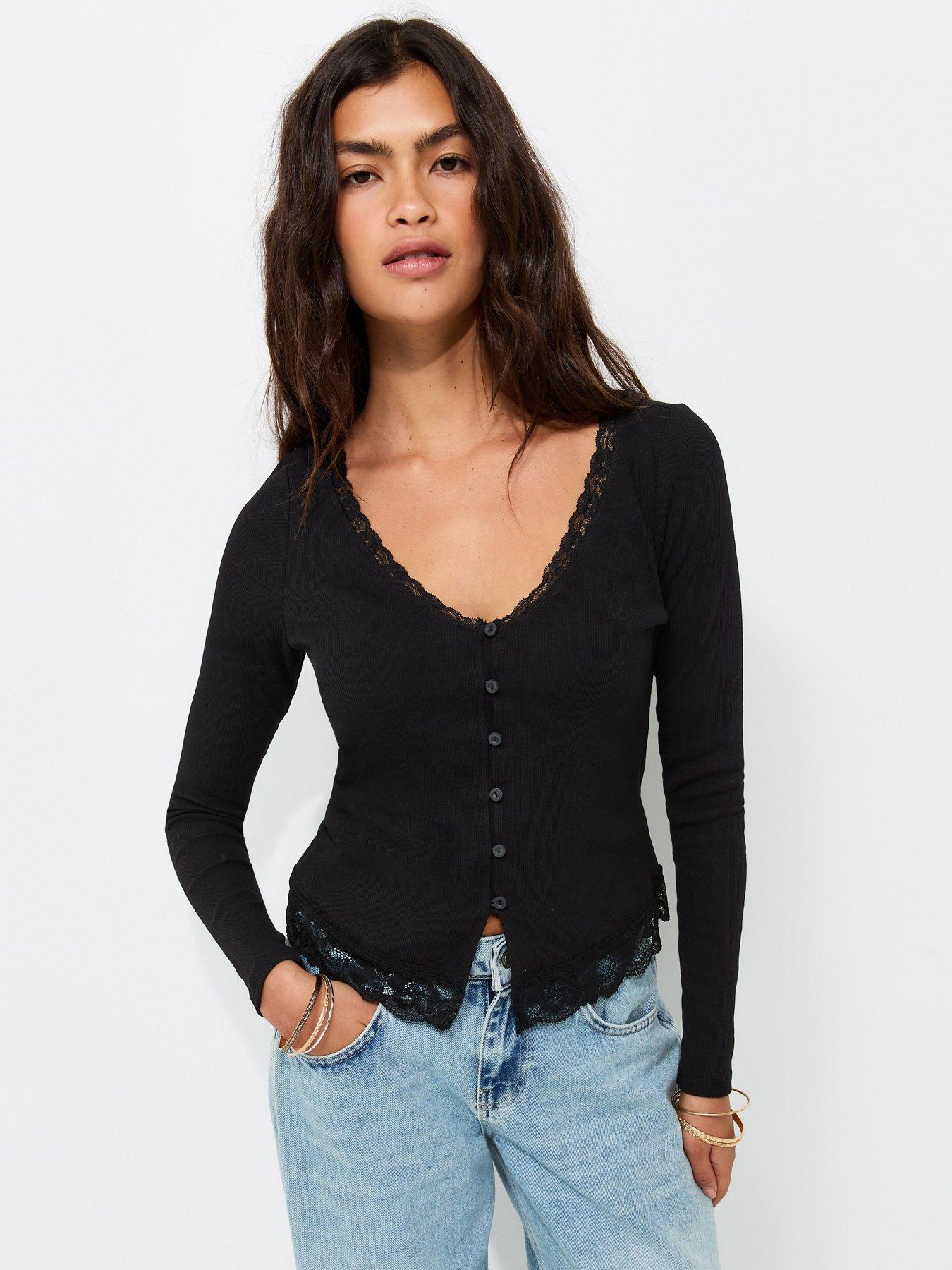 New Look Cotton Rich Lace Trim V-Neck Button Front Top - Black