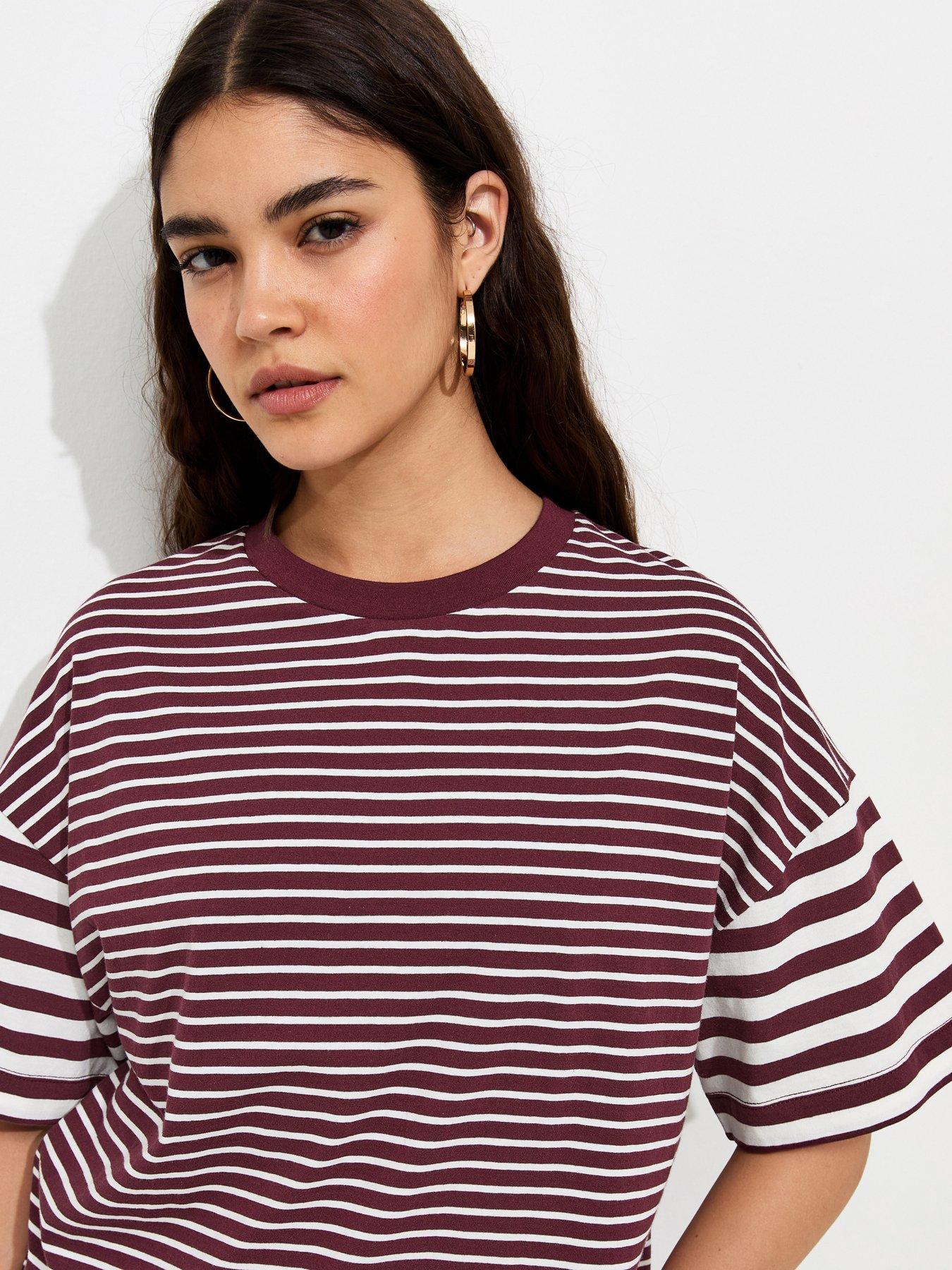 New Look Burgundy Cotton Striped Oversized T-Shirt - Red