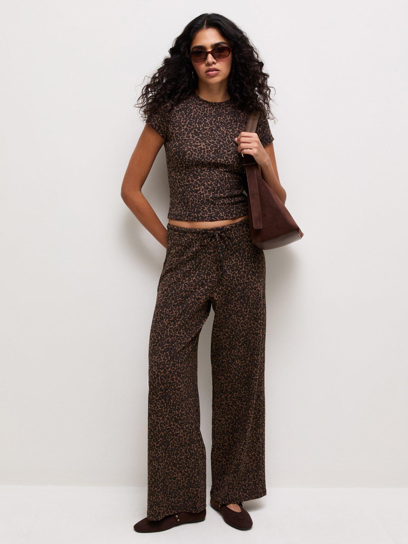 New Look Cotton Rich Animal Print Wide Leg Trousers - Brown