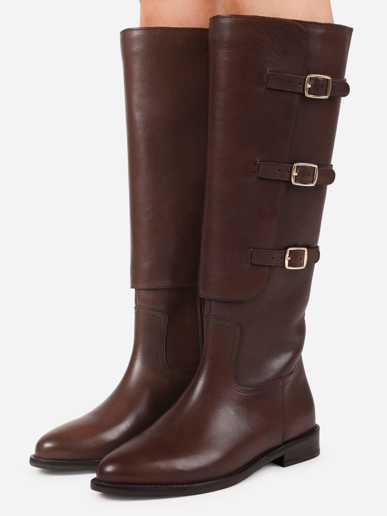 Image 7 of 7 of Bronx Fe-Lise Buckle Detail Flat Knee-High Boots - Brown