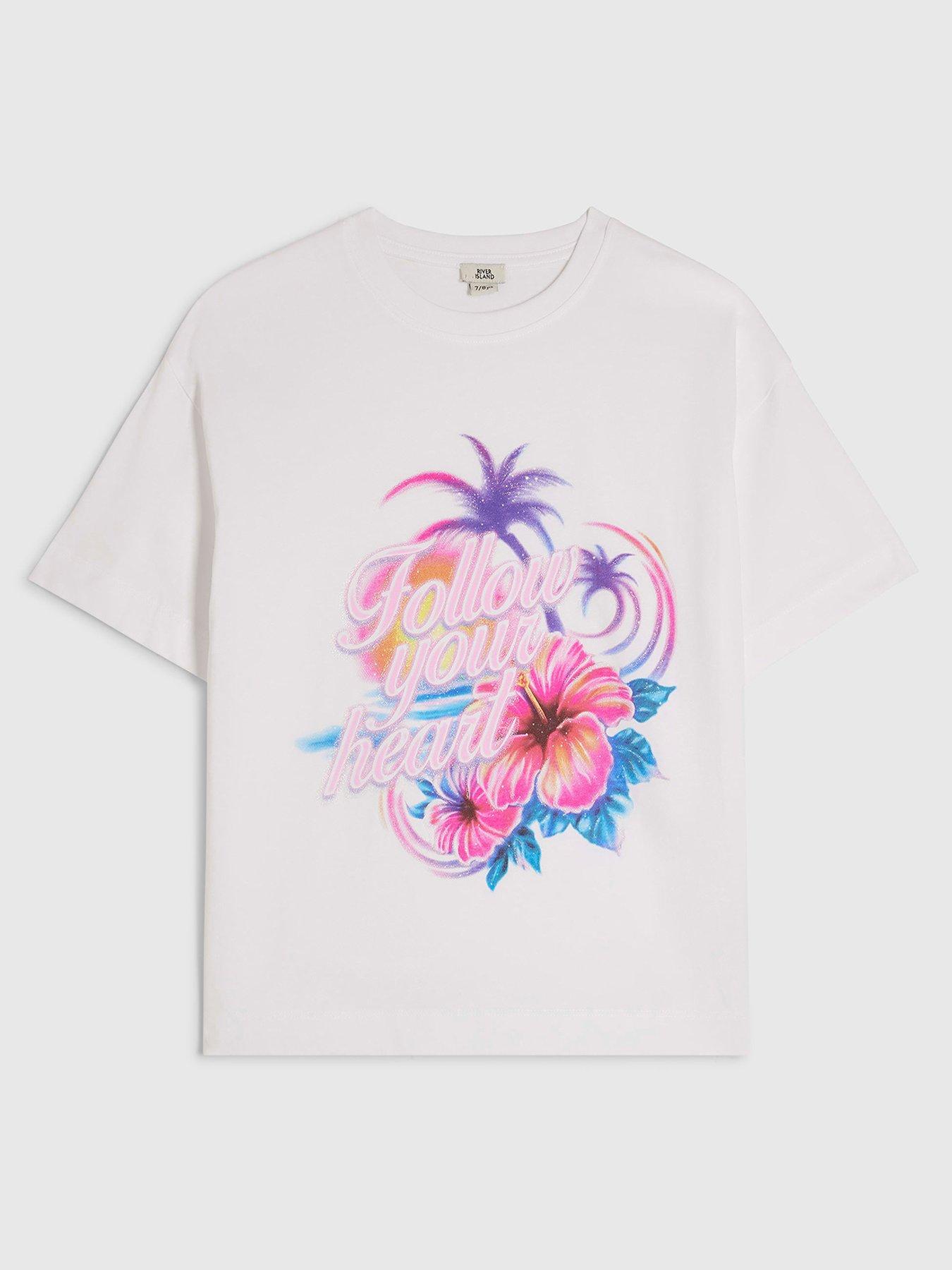 River Island Girls Follow Your Heart T-Shirt - White/Pink