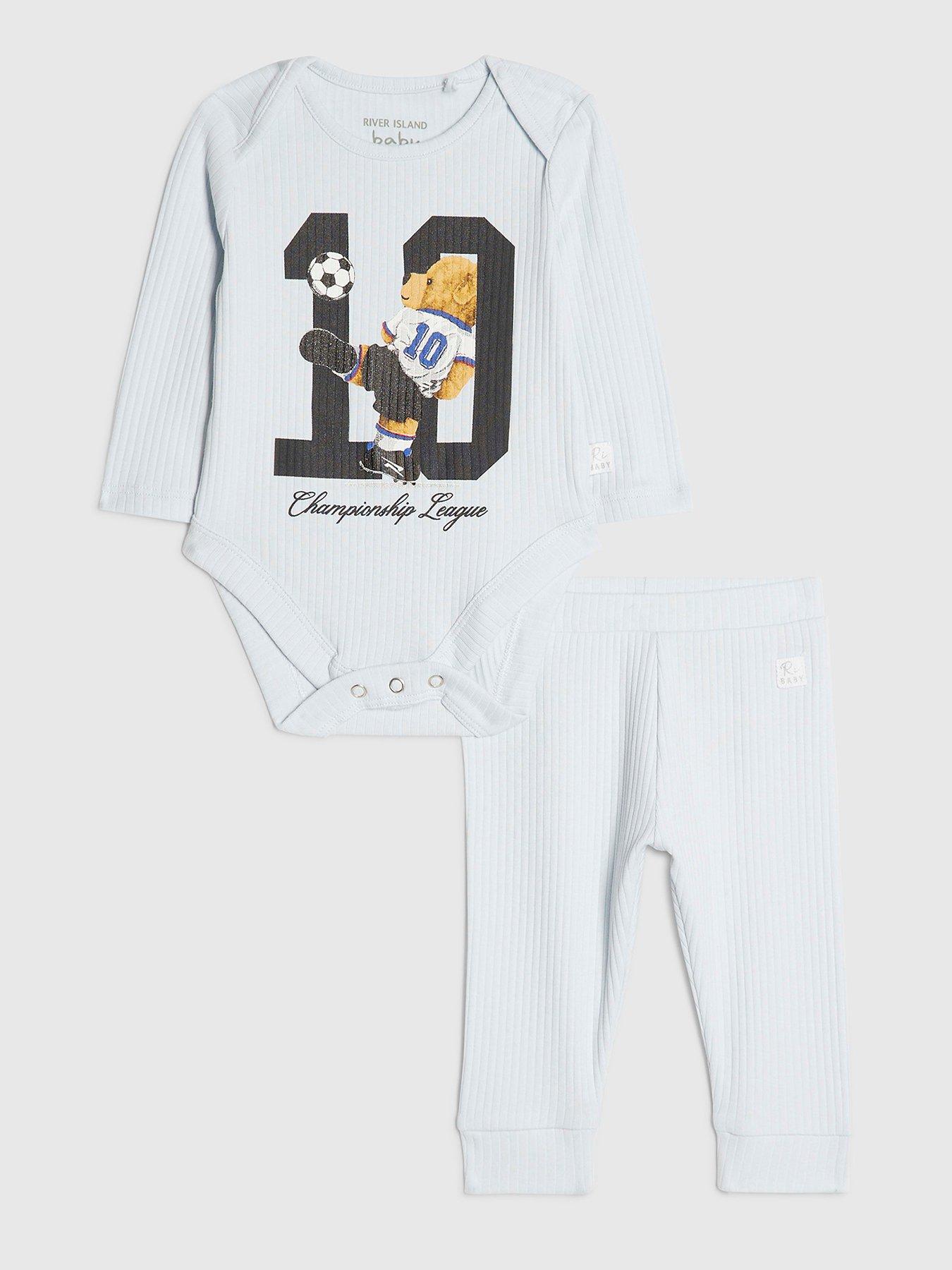 River Island Baby Boys Football Bear 10 Bodysuit Set - Blue