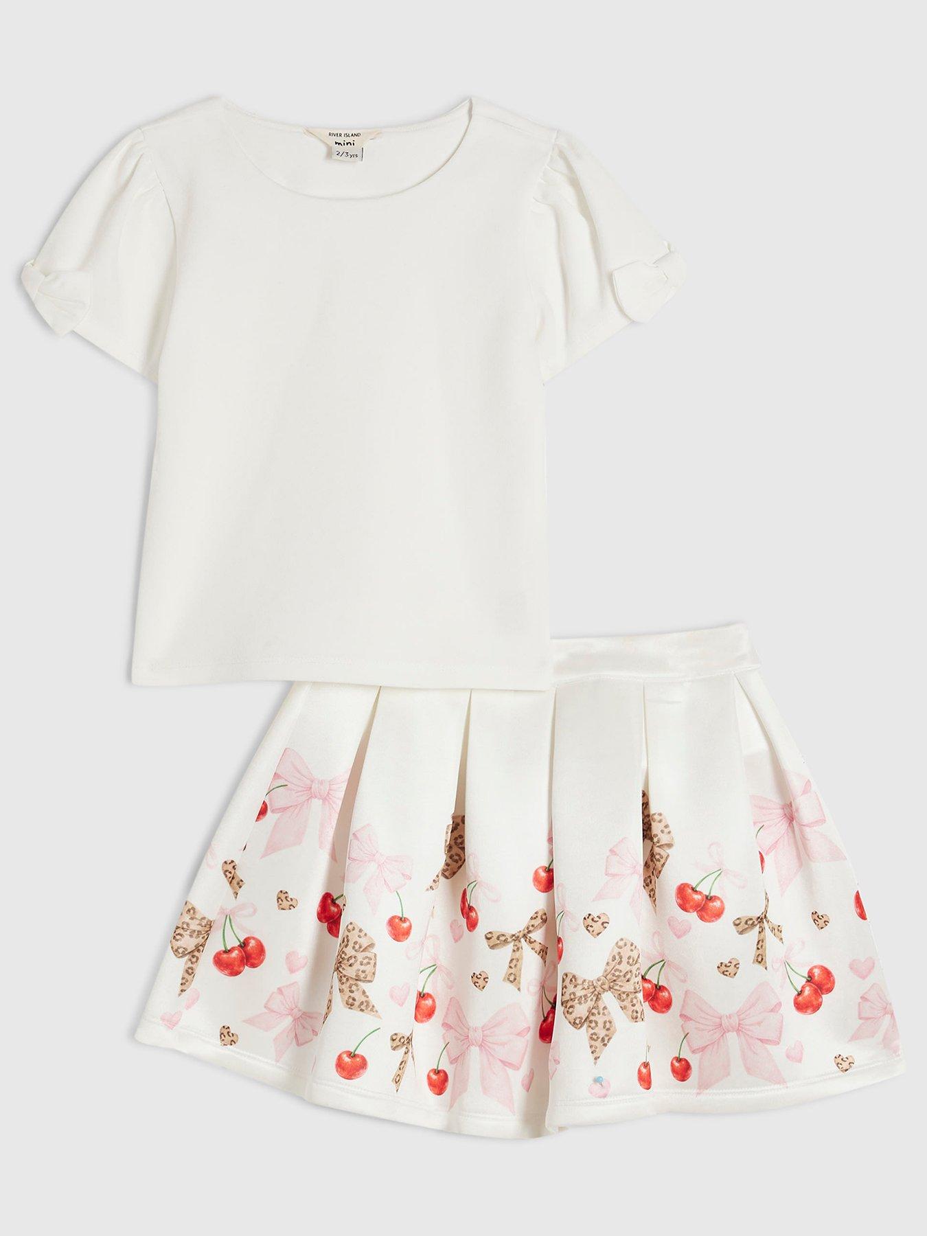 River Island Mini Mini Girls Bow Top And Cherry Skirt Set - Cream