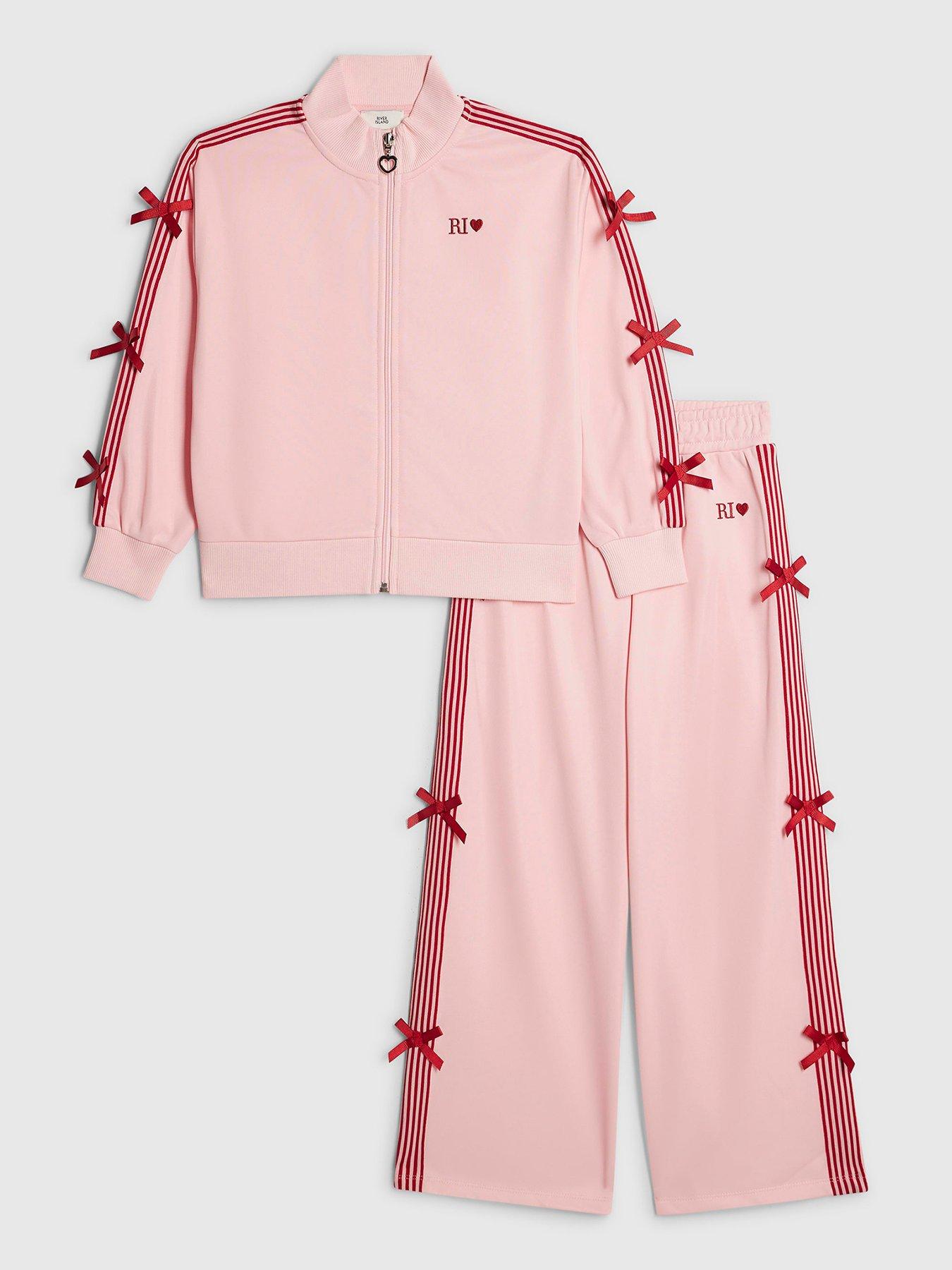 Image 1 of 5 of River Island Girls Bow Striped Track Set - Pink