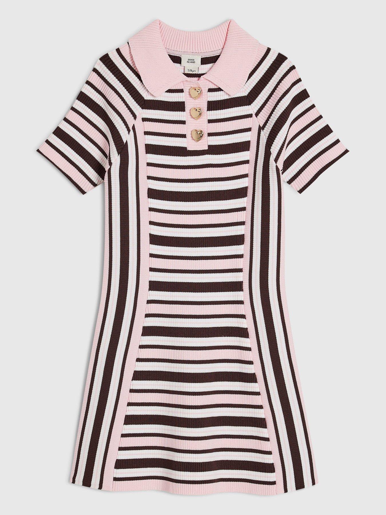 River Island Girls Knit Stripe Short Sleeve Dress - Brown
