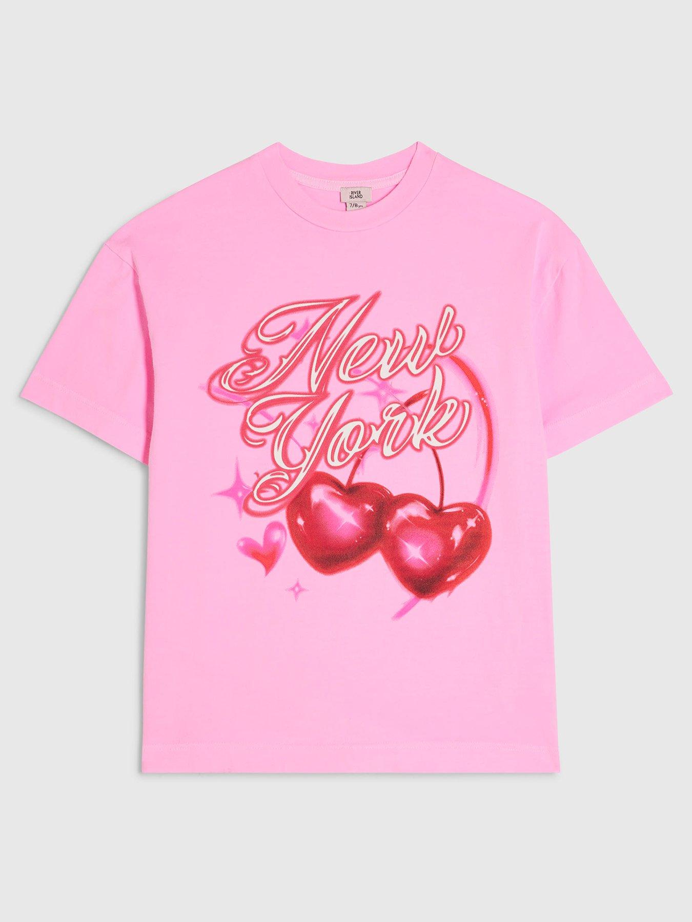 River Island Girls Ny Cherry Airbrush Neon T-shirt - Pink