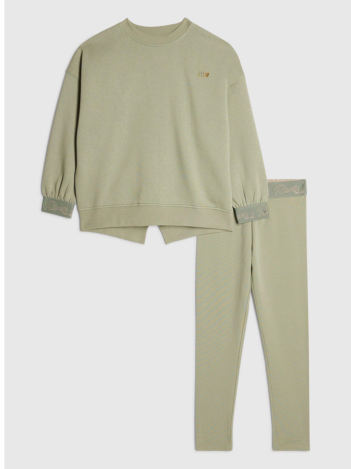 Image 1 of 5 of River Island Girls RI Split Back Sweatshirt Set - Khaki