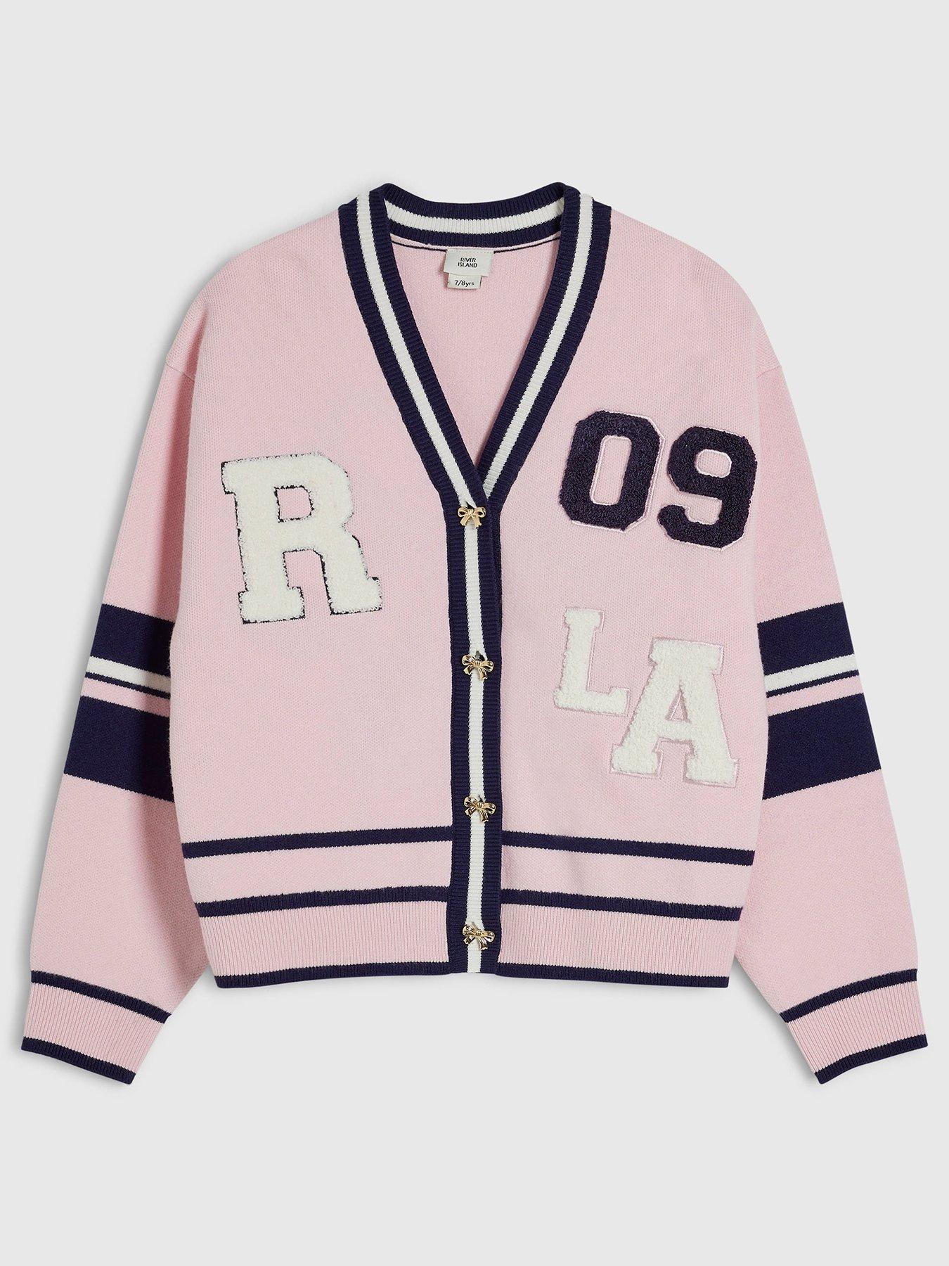 River Island Girls' Striped Cherry Knitted Cardigan with Bow Button Fastening - Pink