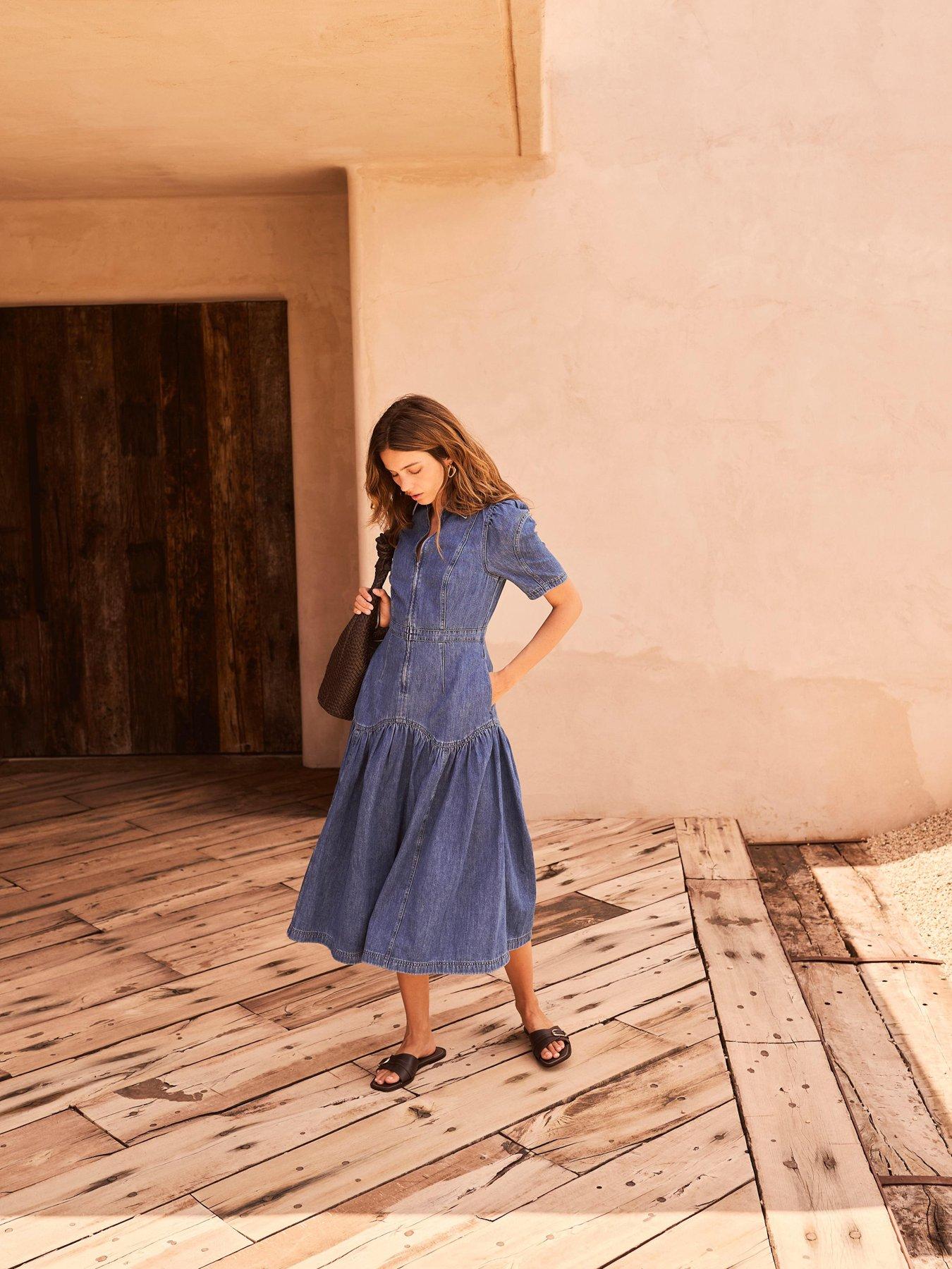 Image 4 of 6 of Mint Velvet Indigo Puff Sleeve Denim Midi Dress - Blue