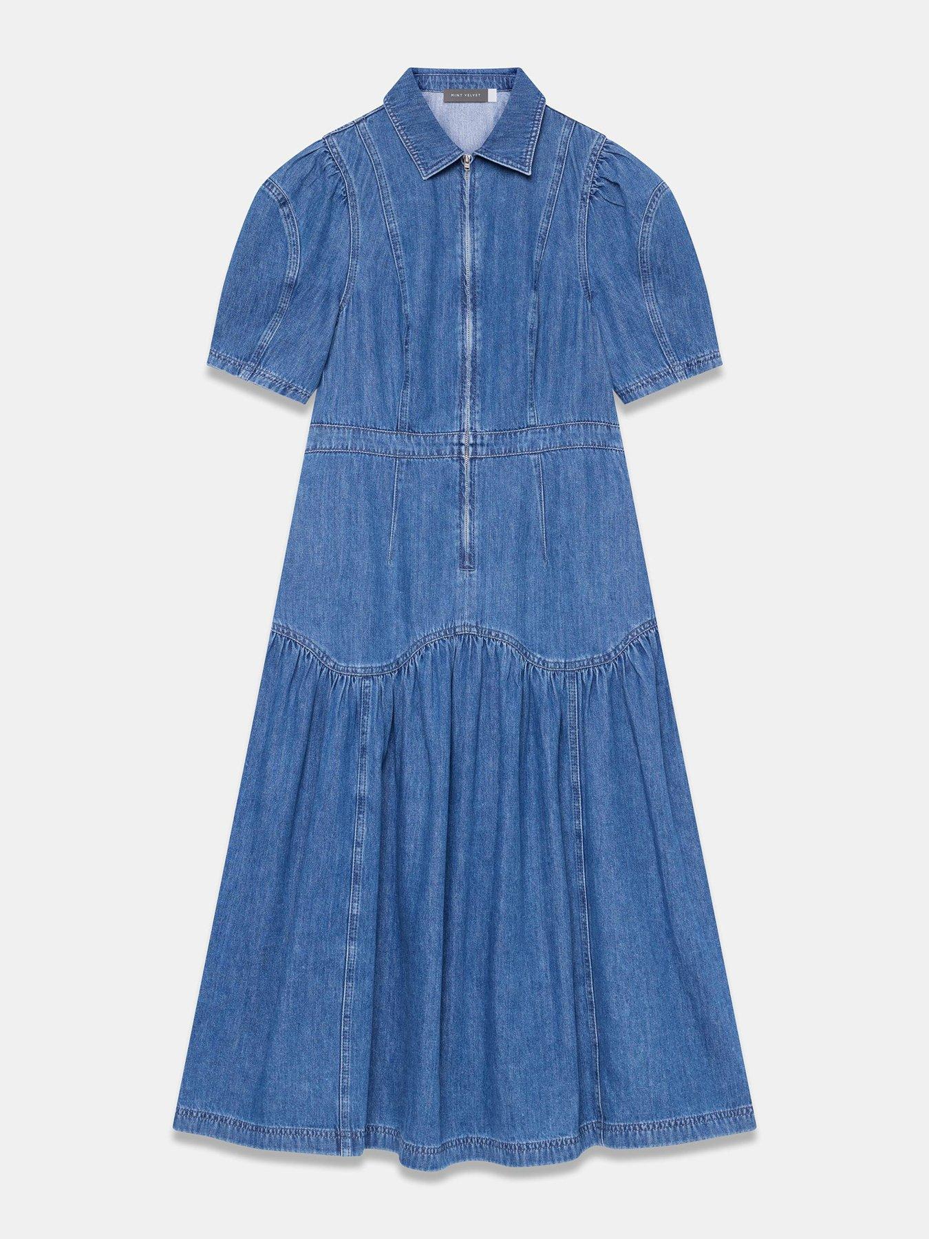 Image 5 of 6 of Mint Velvet Indigo Puff Sleeve Denim Midi Dress - Blue