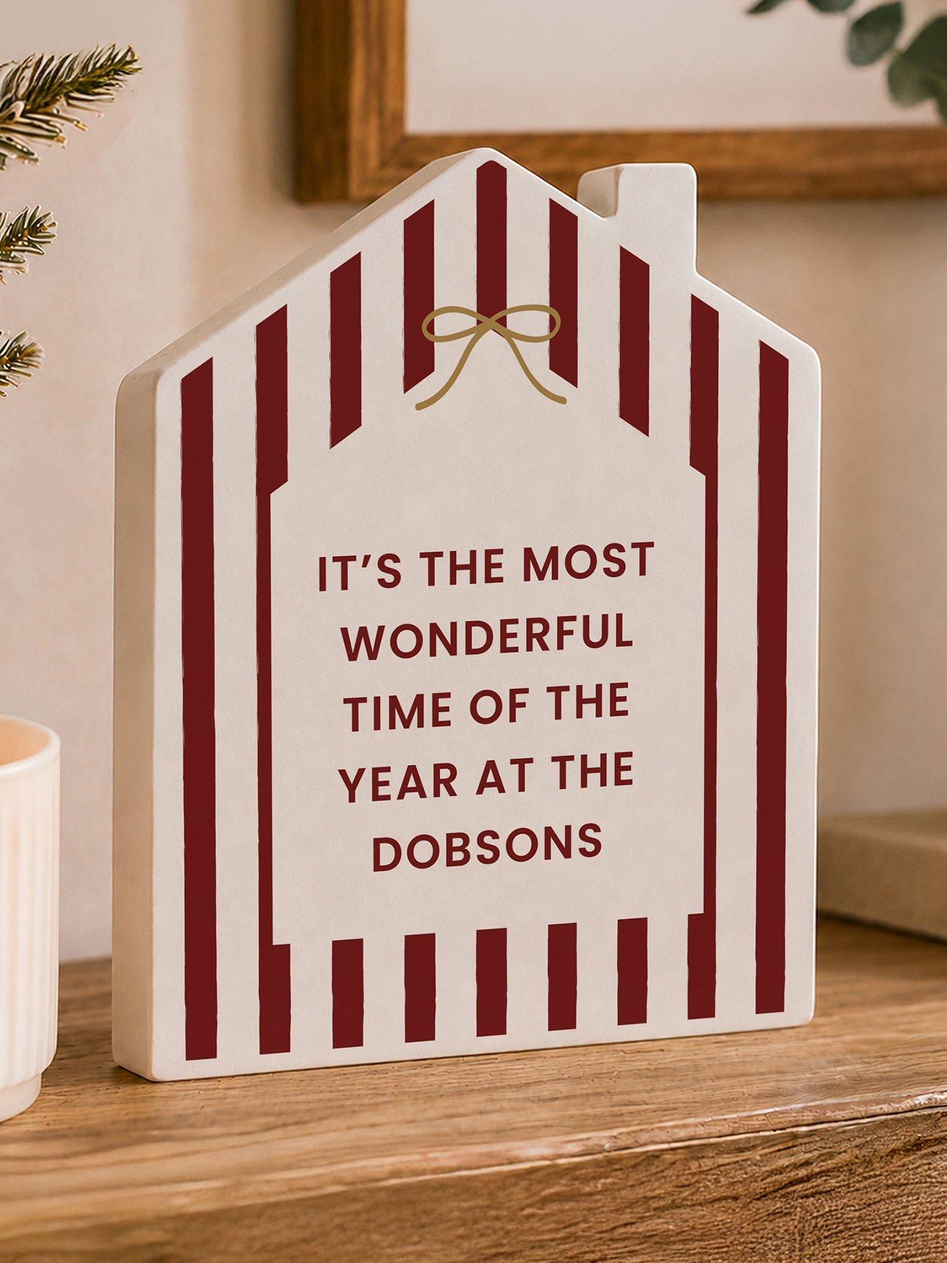 Image 1 of 3 of The Personalised Memento Company Personalised Red Striped Wooden House Ornament