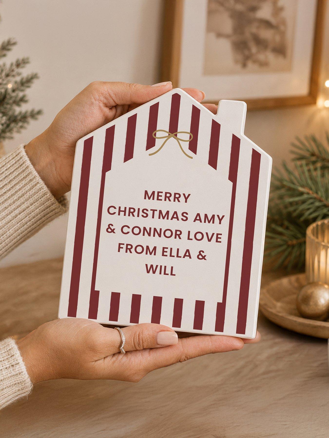 Image 2 of 3 of The Personalised Memento Company Personalised Red Striped Wooden House Ornament
