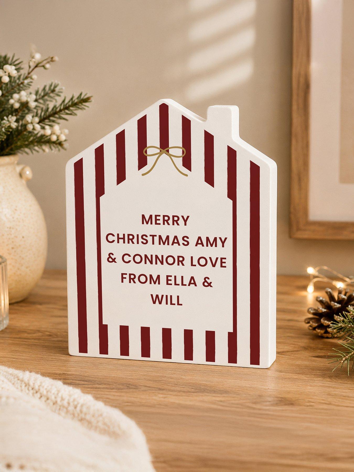 Image 3 of 3 of The Personalised Memento Company Personalised Red Striped Wooden House Ornament