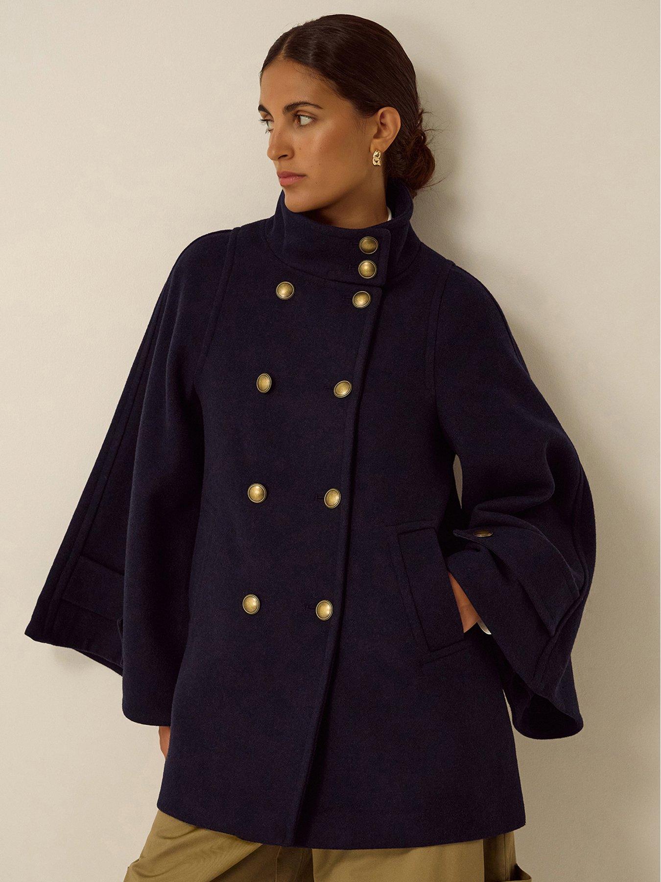 Image 1 of 4 of Monsoon Womens Frida Cape Double-Breasted High Neck Coat - Blue