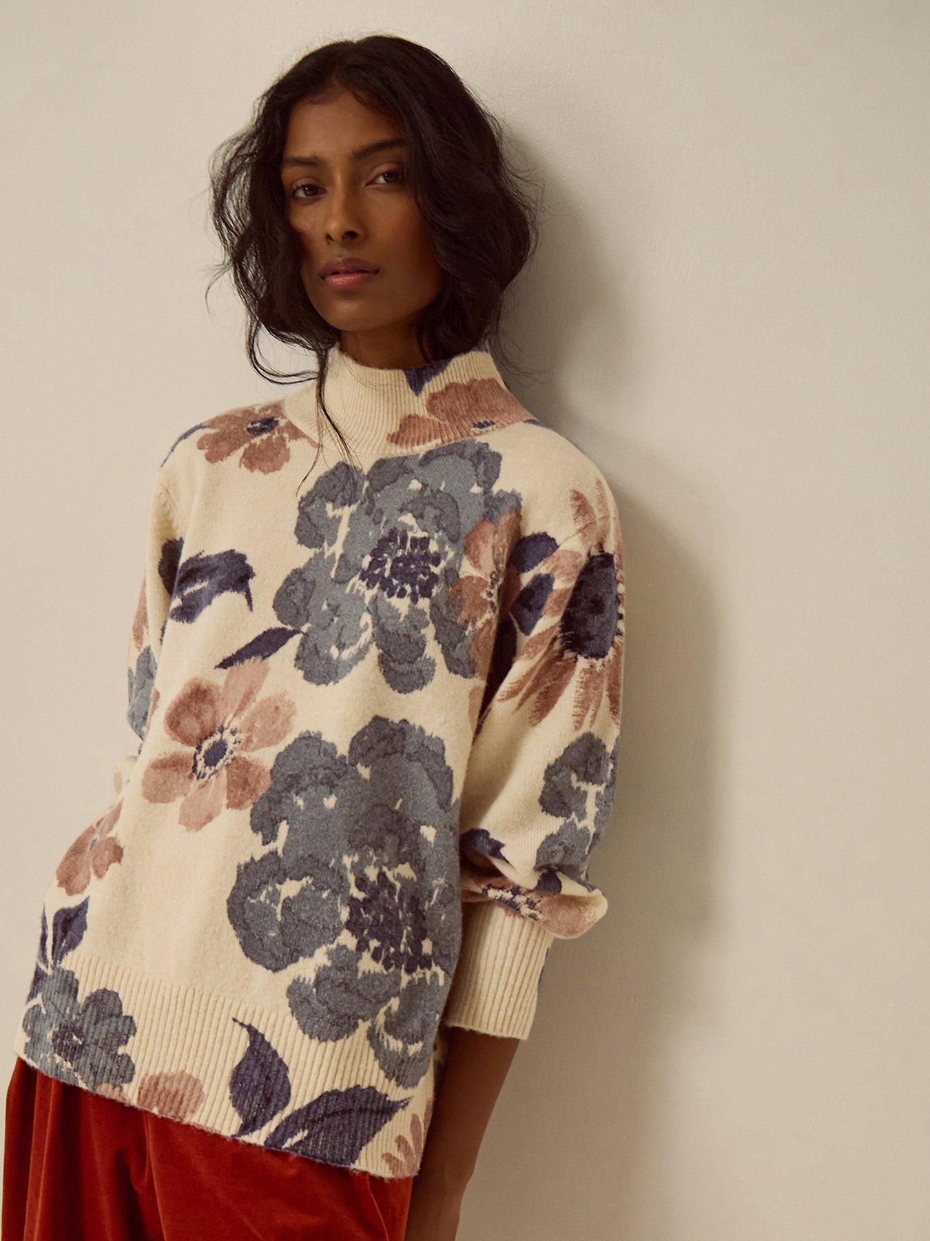 Monsoon Olive High Neck Floral Jumper - Cream