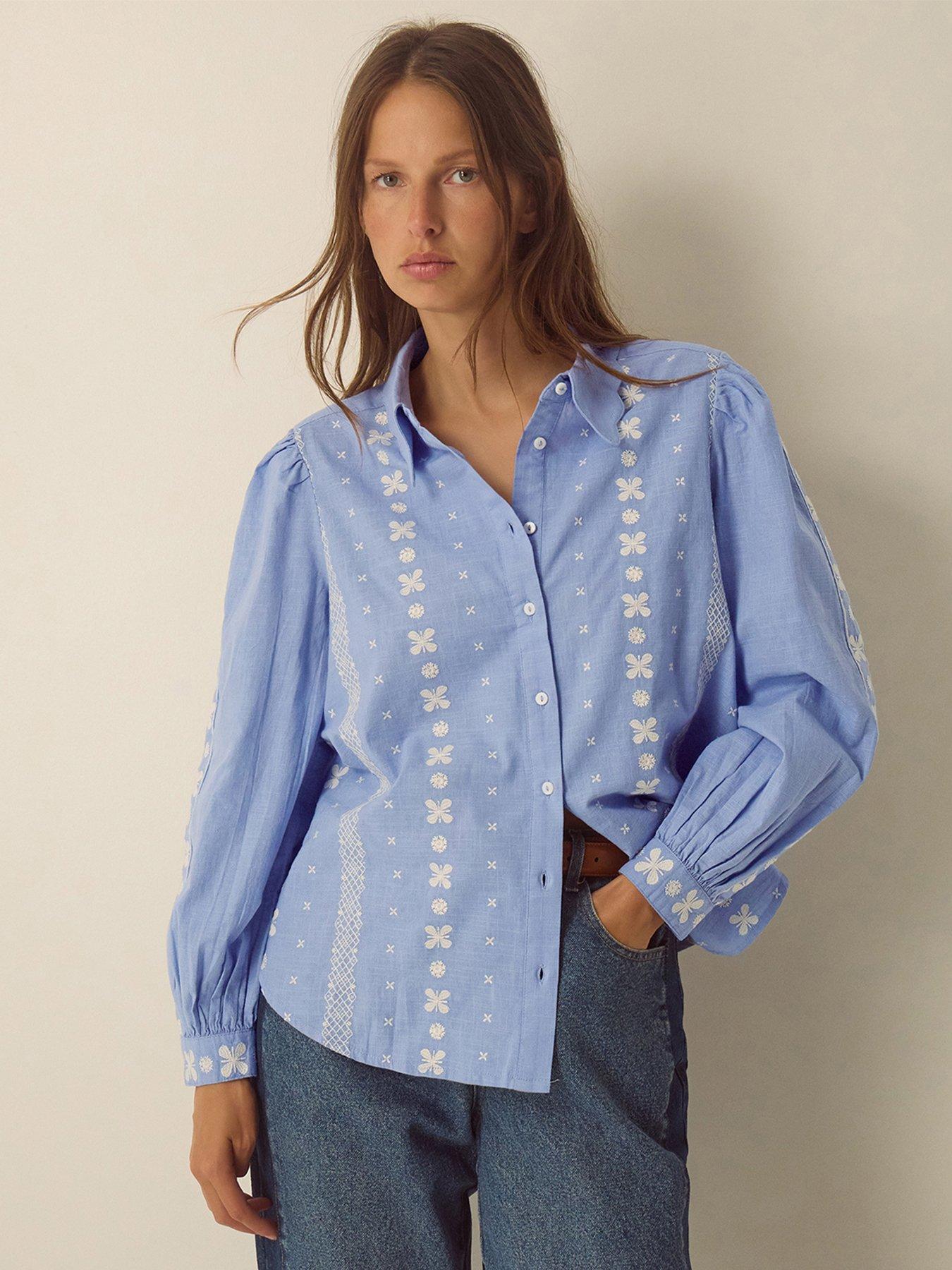 Image 1 of 4 of Monsoon Womens Embroidered Puff Sleeve Shirt - Blue