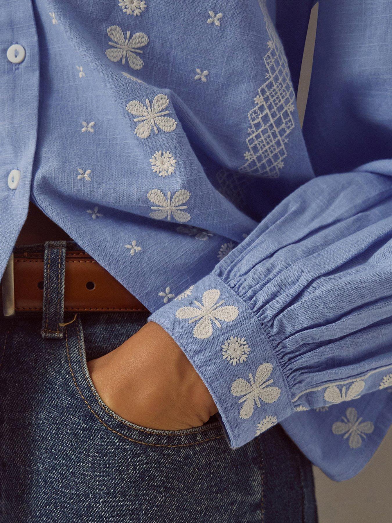 Image 2 of 4 of Monsoon Womens Embroidered Puff Sleeve Shirt - Blue