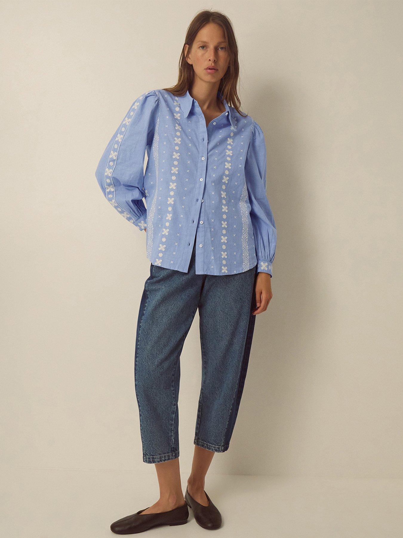 Image 4 of 4 of Monsoon Womens Embroidered Puff Sleeve Shirt - Blue