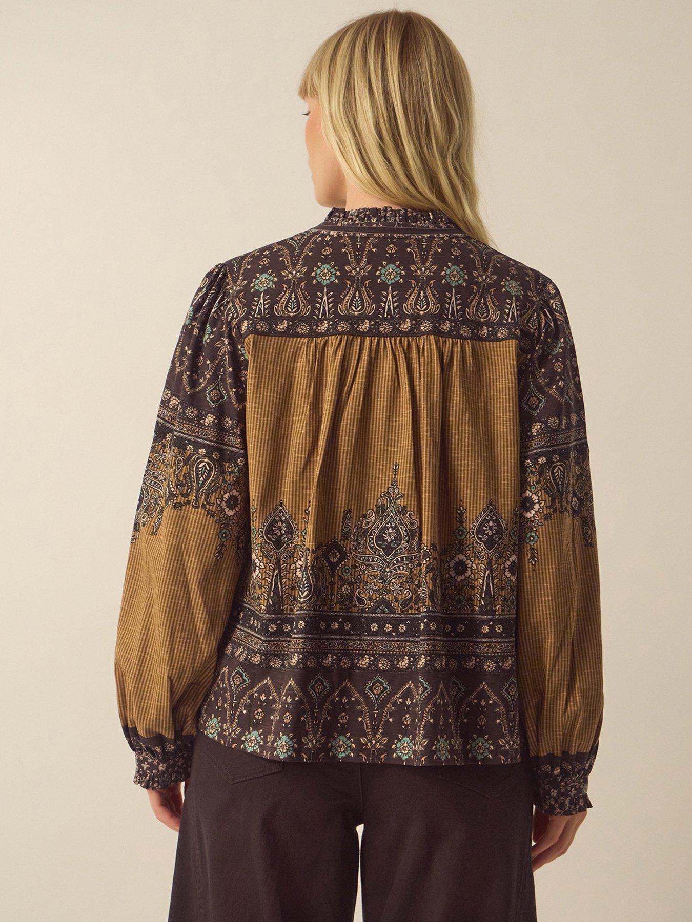 Image 2 of 6 of Monsoon Womens Mixed Print Button-Through Long Sleeve Blouse - Brown