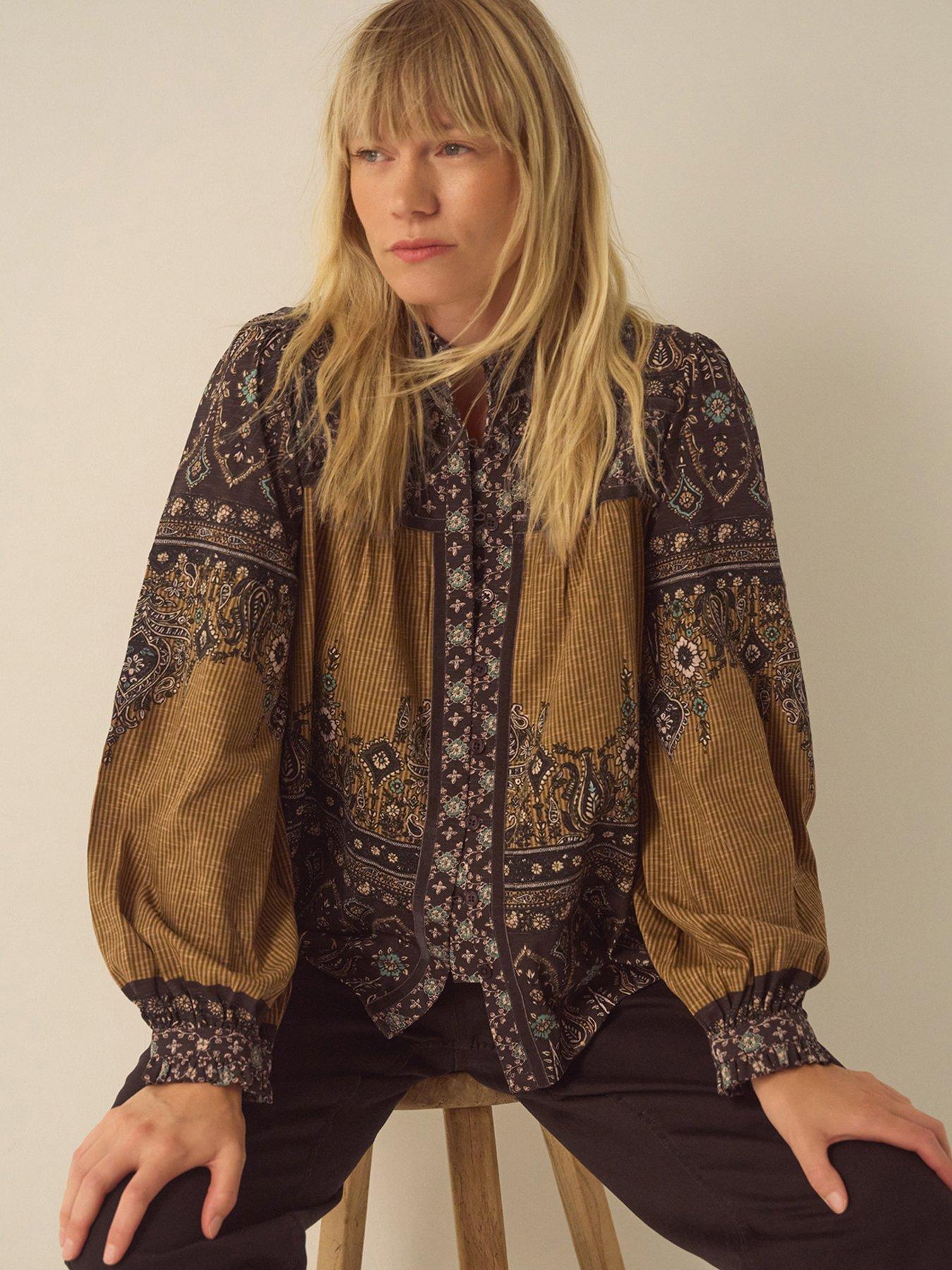 Image 3 of 6 of Monsoon Womens Mixed Print Button-Through Long Sleeve Blouse - Brown